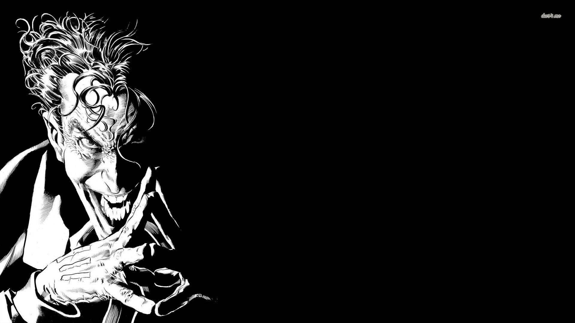 Black And White Joker 桌布 壁紙 — 一個令人畏懼的黑白插圖，描繪一個怪誕、尖叫的人物，擁有狂野的頭髮和華麗的面部標記，背景是 stark 黑色。