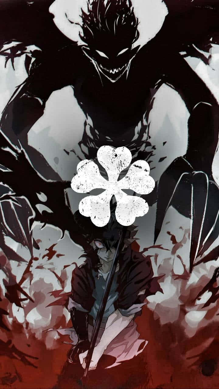 Black Clover Anime 桌布 壁紙 — 一個令人畏懼的黑色惡魔籠罩著一個跪著的人物，人物手持一朵白色四瓣花，背景為紅色和灰色。