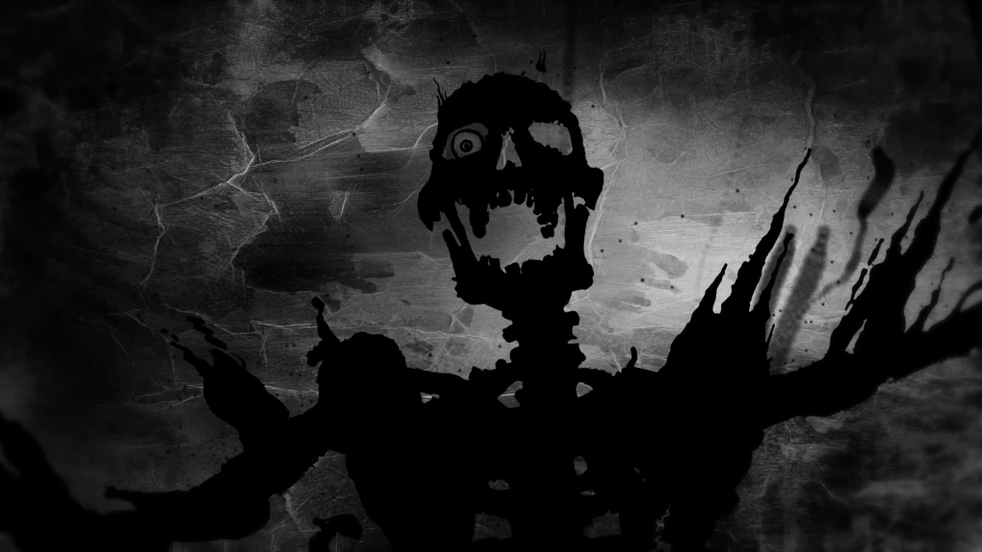 Evil Skull 桌布 壁紙 — 一個令人畏懼的黑色骷髏剪影，有一隻發光的眼睛和張開的雙臂，背景是破裂、骯髒的灰色。