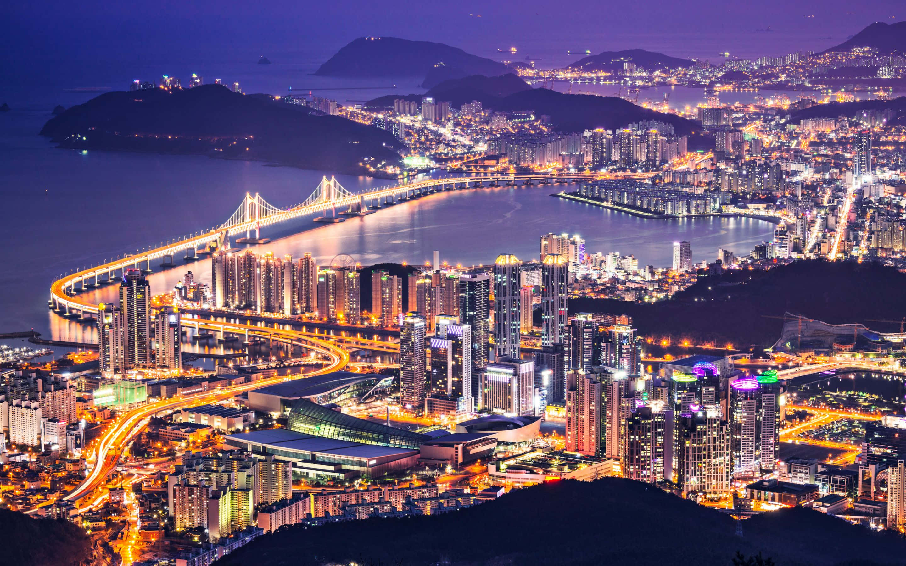 2880x1800 桌布 壁紙 — 一個令人眼花撩亂的夜景城市景觀，有一座發光的橋樑橫跨港口，周圍是高聳的摩天大樓和蜿蜒的道路。
