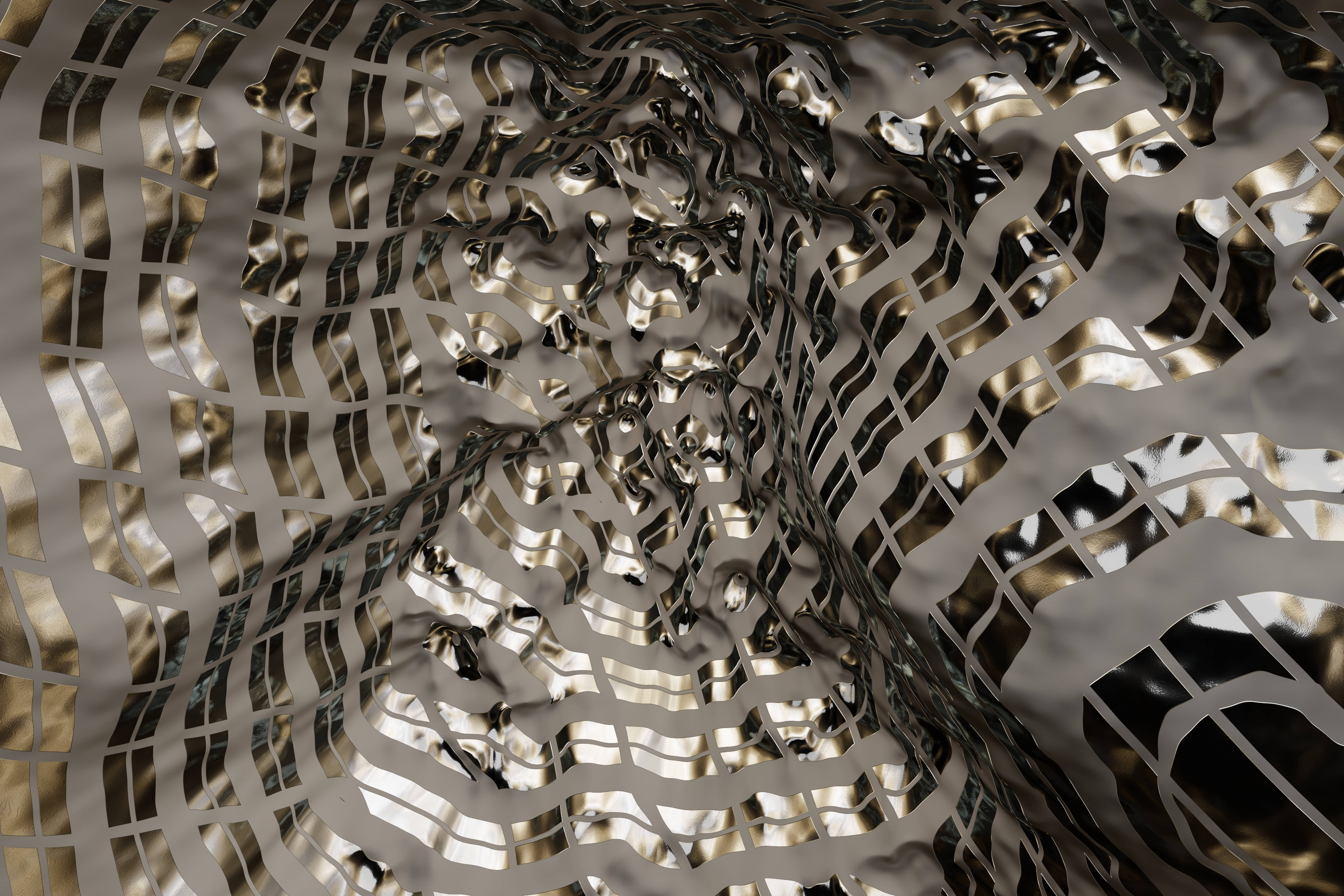 vector 桌布 壁紙 — 一個令人著迷的3D渲染金屬隧道，帶有波浪狀絲帶和閃爍的金色亮點。