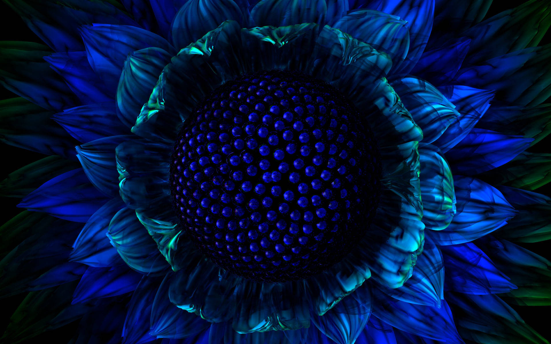 Screensavers 桌布 壁紙 — 一個令人著迷的特寫鏡頭，展示了一朵數位渲染的花朵，在黑色背景下閃耀著電光藍和藍綠色的色調。