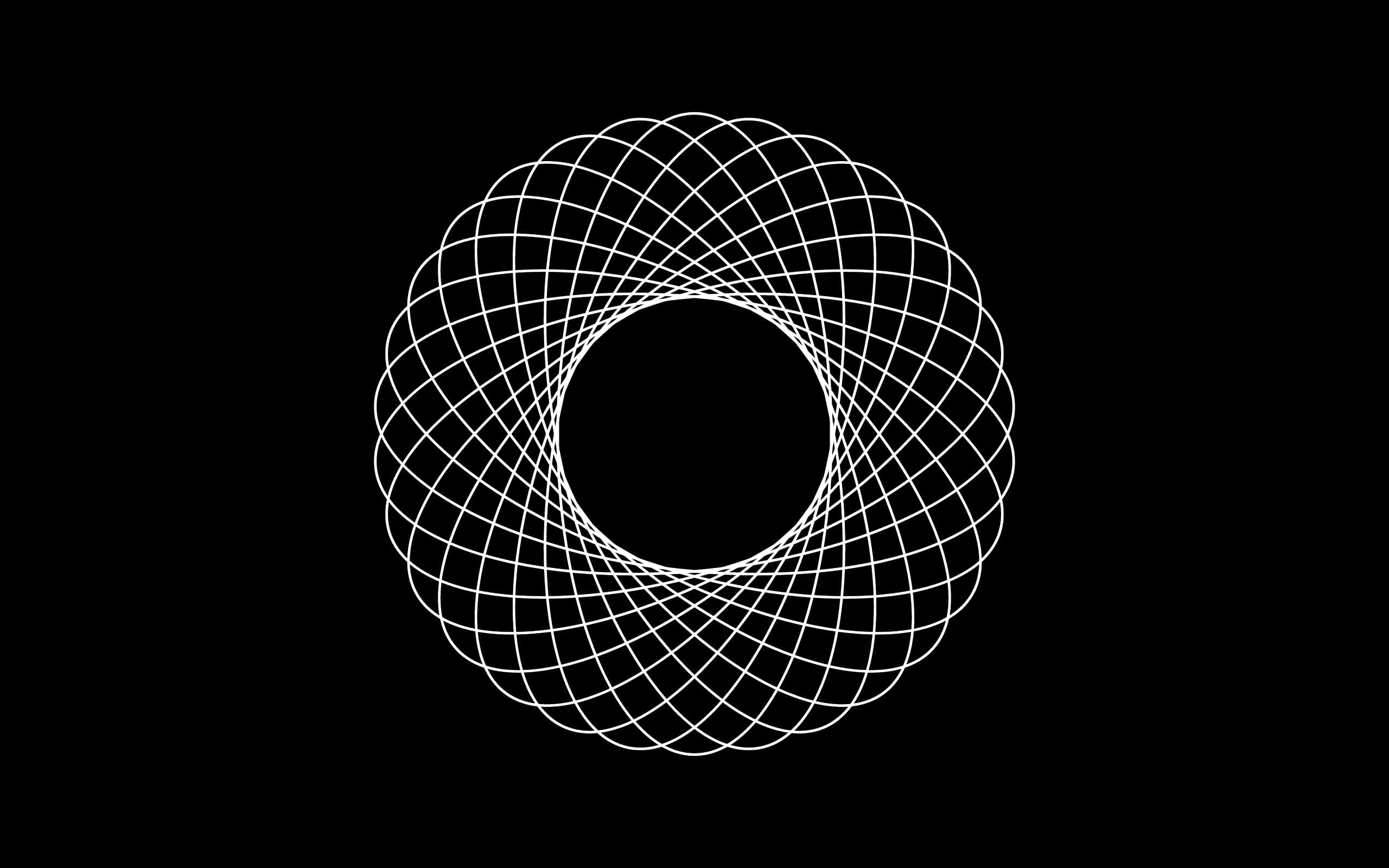 Shapes 桌布 壁紙 — 一個令人著迷的白色幾何螺旋圖案，從中央虛空向漆黑的背景輻射開去。