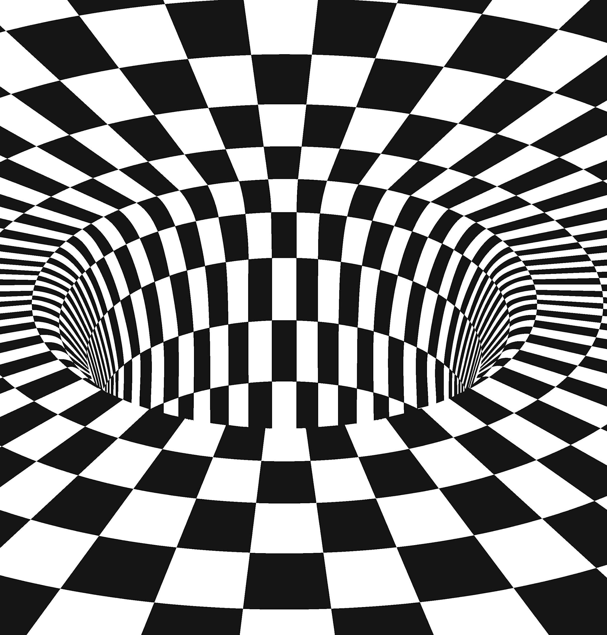 圖案 桌布 壁紙 — 一個令人著迷的黑白棋盤圖案錯視效果，營造出深邃的隧道效果。