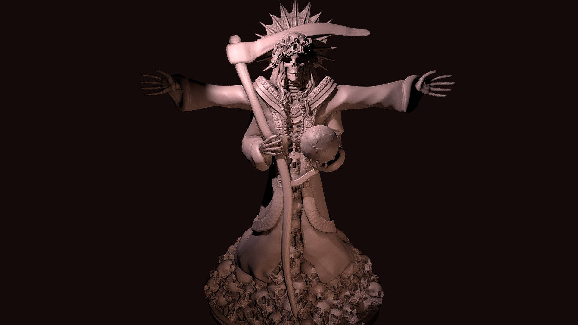 Santa Muerte 桌布 壁紙 — 一個令人難忘的3D渲染雕像，描繪一個戴著荊棘冠冕、手持鐮刀和頭骨的骷髏形象，背景陰暗。