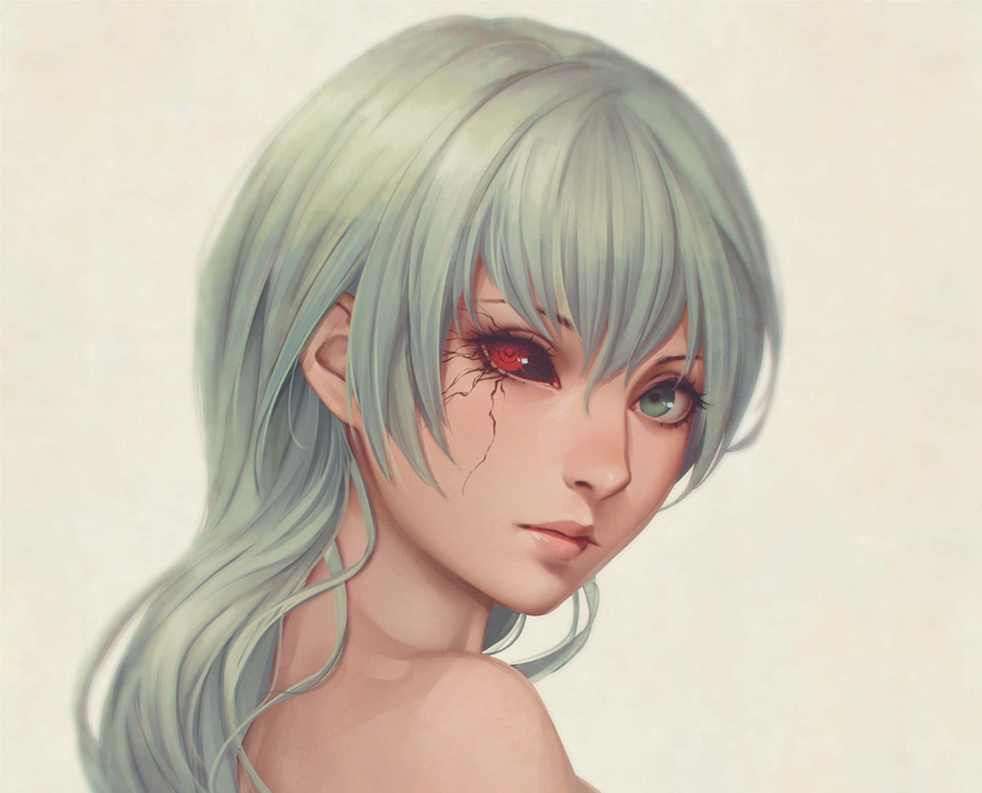 Eto Yoshimura 桌布 壁紙 — 一個令人難忘的動漫女孩，擁有淡綠色頭髮和異色瞳（一紅一綠），裂紋從她的左眼擴散開來。