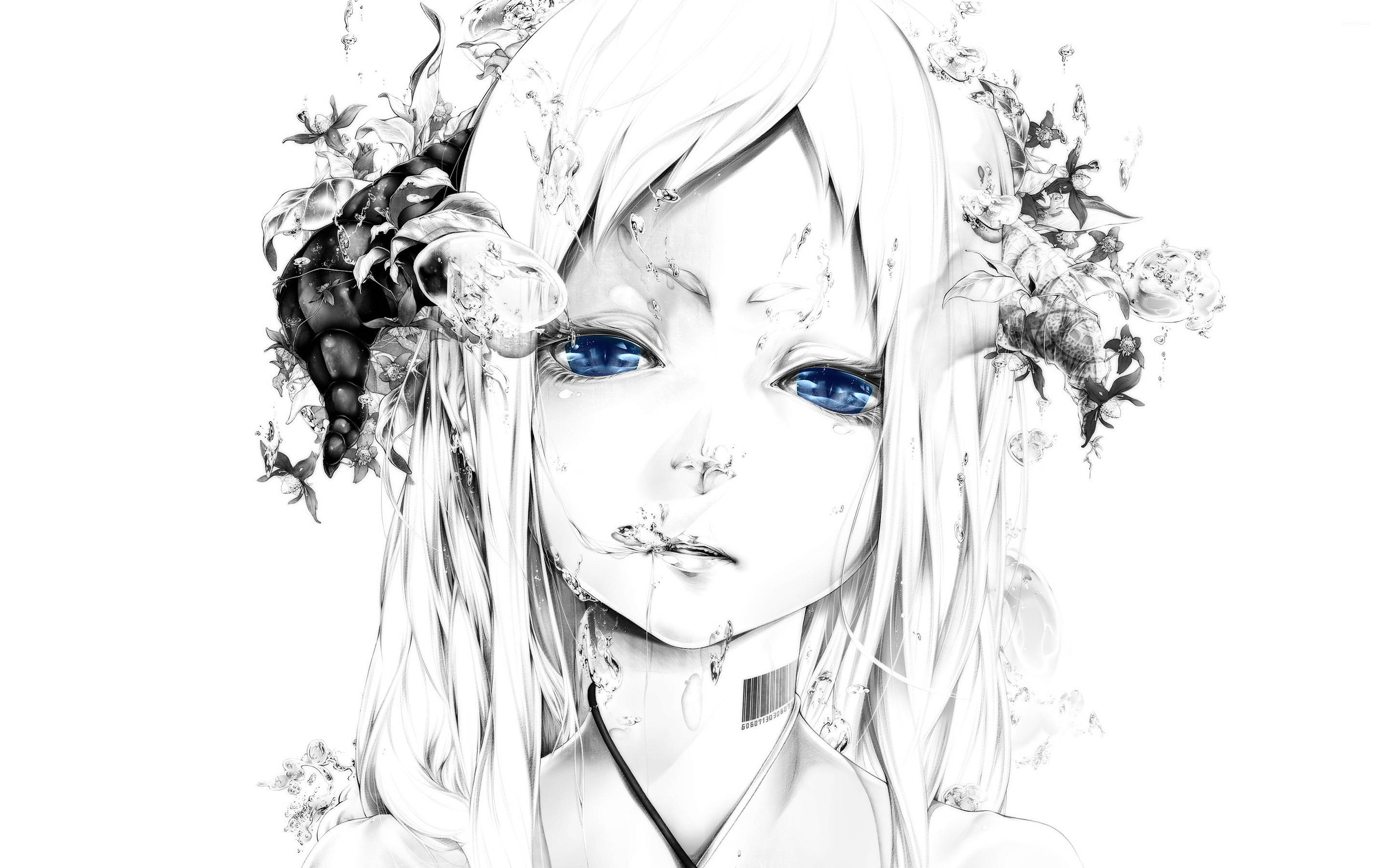 動漫藝術GIF 桌布 壁紙 — 一個令人難忘的動漫女孩，擁有銳利的藍色眼睛和飄逸的白髮，點綴著黑白花朵，背景是純白色。