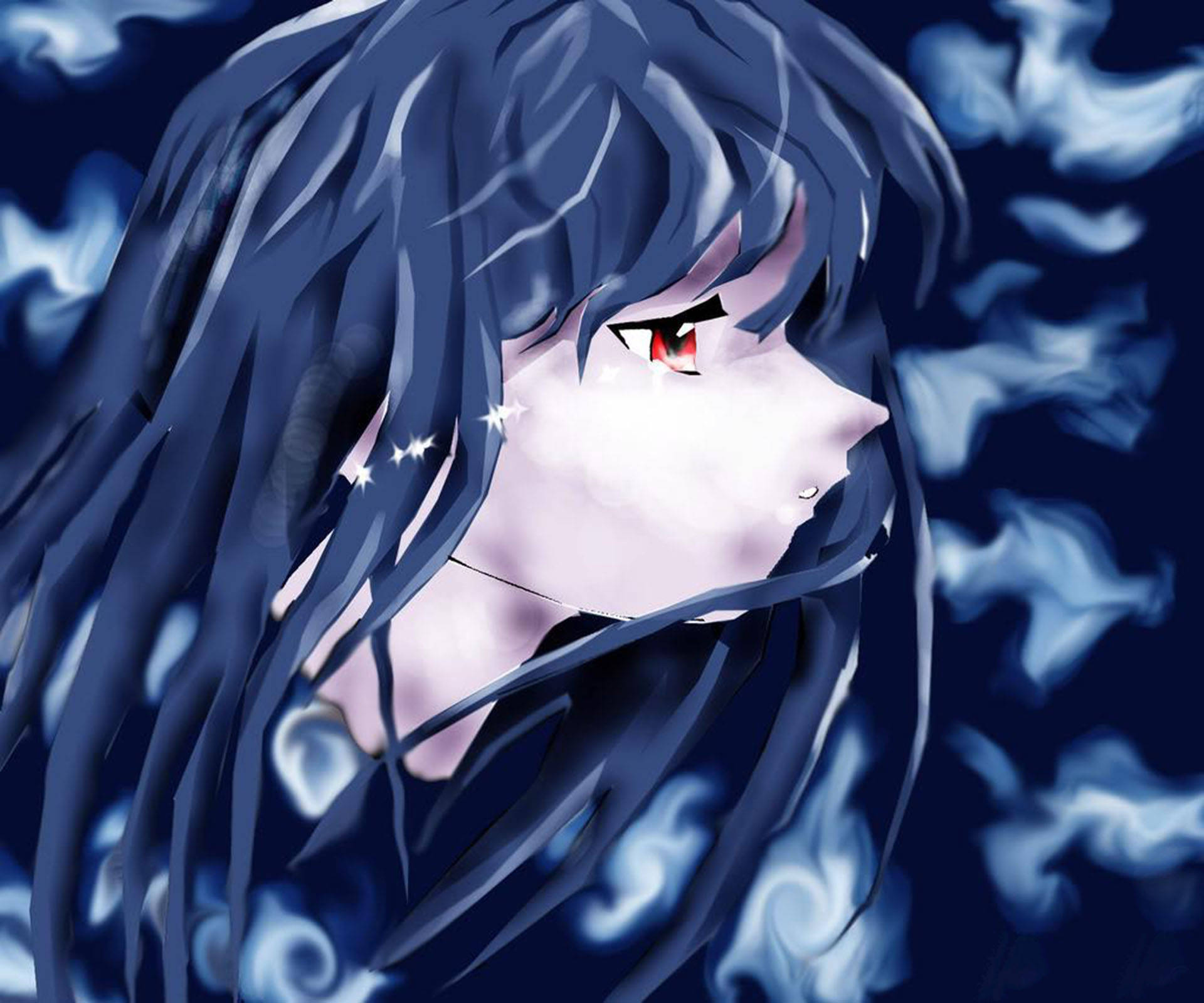 桌布 壁紙 — 一個令人難忘的動漫女孩，深藍色頭髮，發光的紅色眼睛，被旋轉的藍色薄霧包圍。
