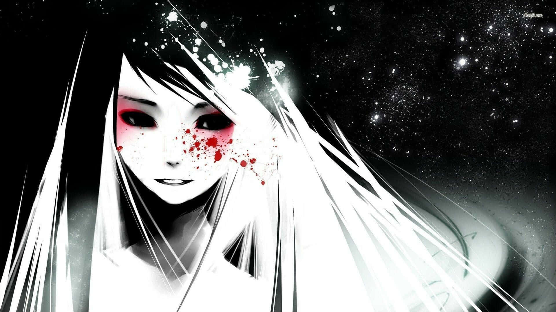 暗黑動漫 桌布 壁紙 — 一個令人難忘的動漫女孩，白髮紅眼，漂浮在星光點點的黑色虛空中，伴隨著流線型光效。