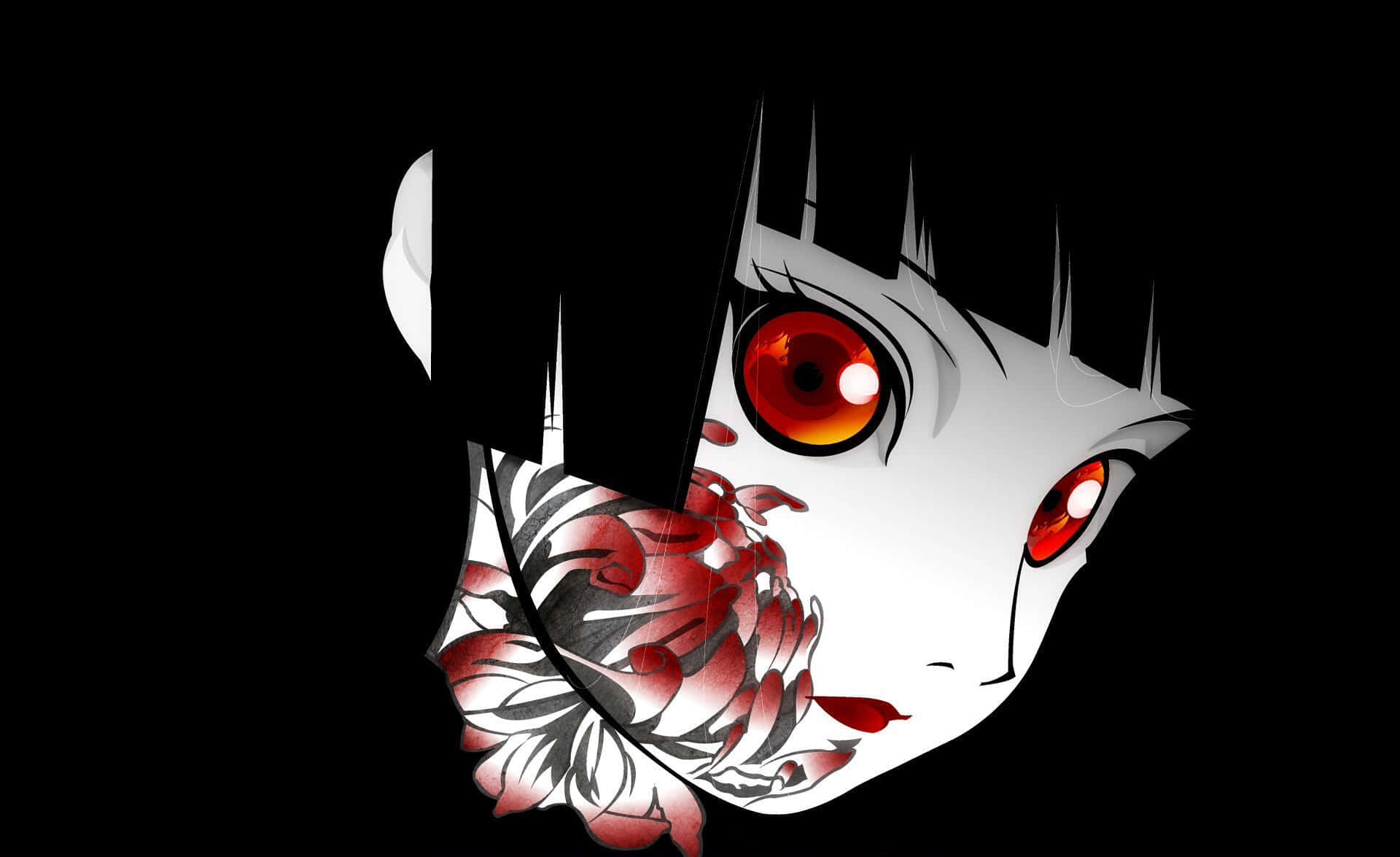 Horror Anime 桌布 壁紙 — 一個令人難忘的動漫女孩，紅眼睛，半張臉被紅色花卉紋身覆蓋，背景為黑色。