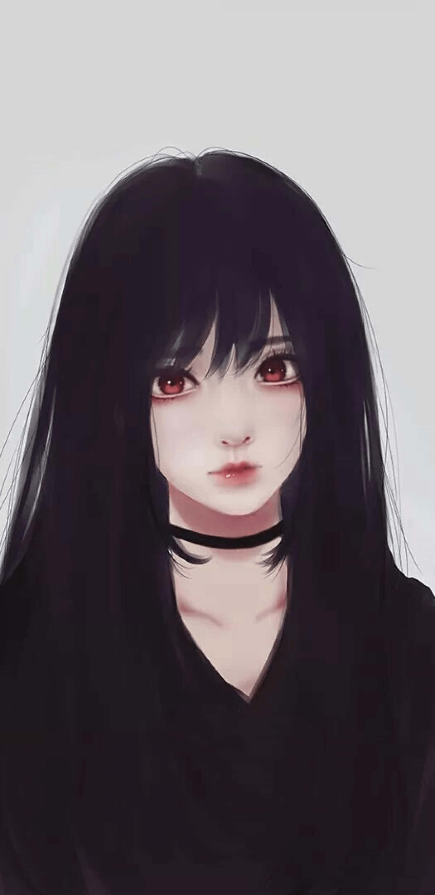 Anime Girl Aesthetic 桌布 壁紙 — 一個令人難忘的動漫女孩，長長的黑髮和紅色的眼睛，戴著黑色頸圈，在純灰色背景前直視前方。