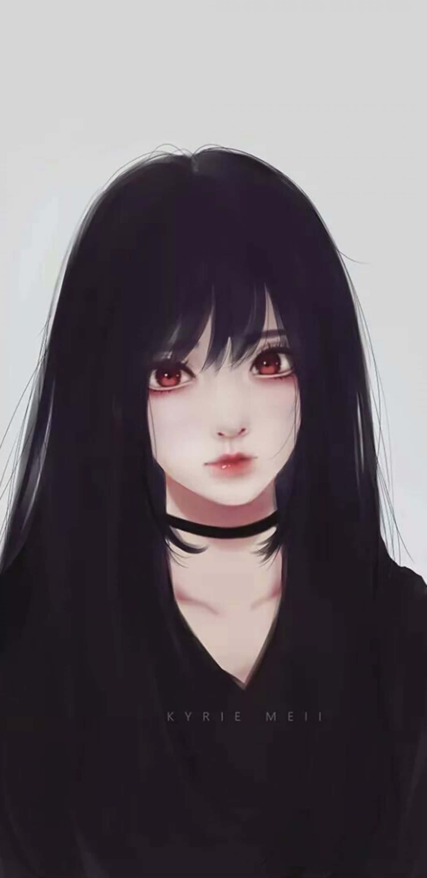 動漫女孩 桌布 壁紙 — 一個令人難忘的動漫女孩，長長的黑髮和紅色的眼睛，在純灰色背景上柔和地凝視著。