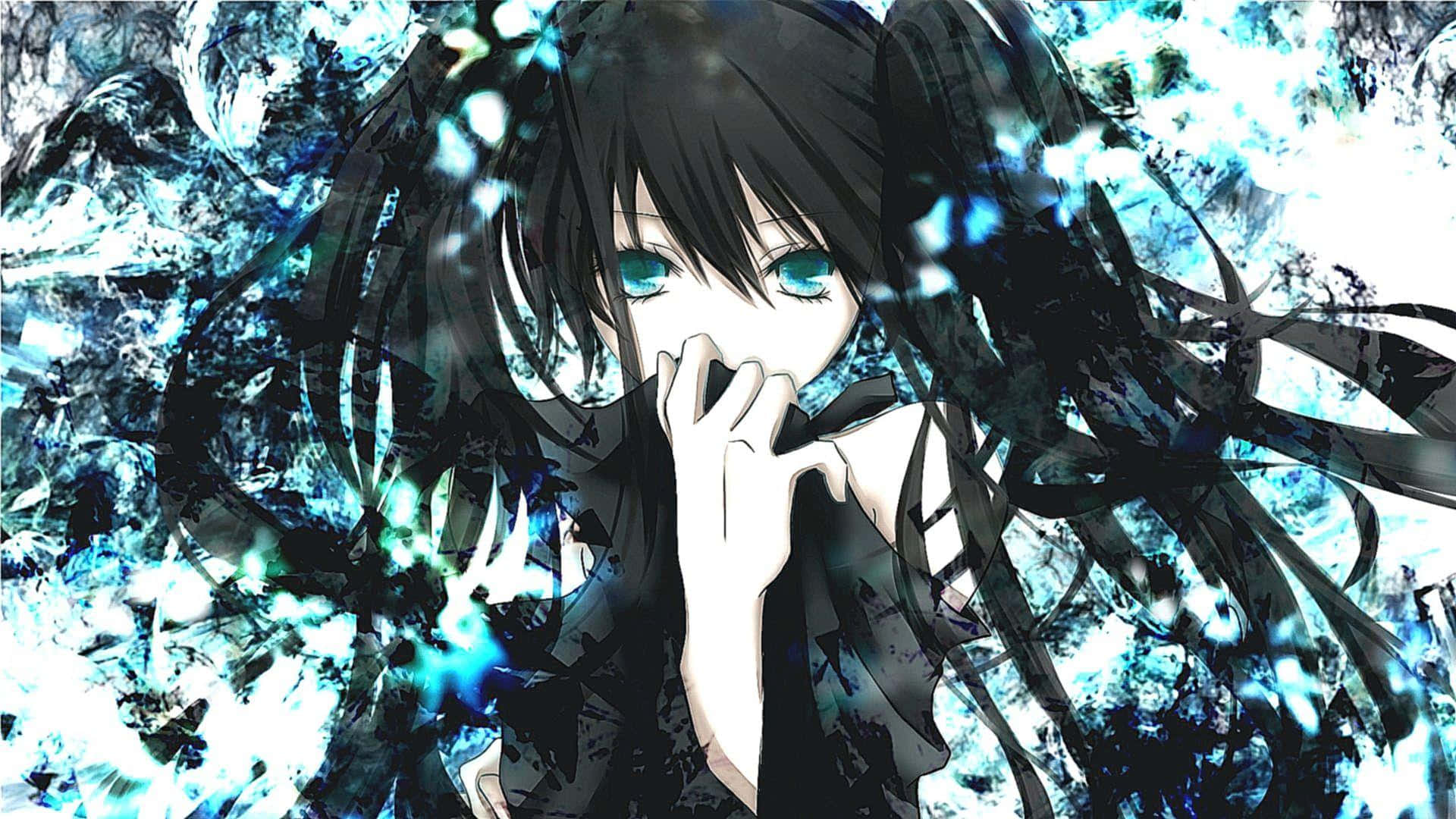初音未來 桌布 壁紙 — 一個令人難忘的動漫女孩，黑髮和發光的藍眼睛，在旋轉的藍色和白色能量粒子中隱藏她的嘴。