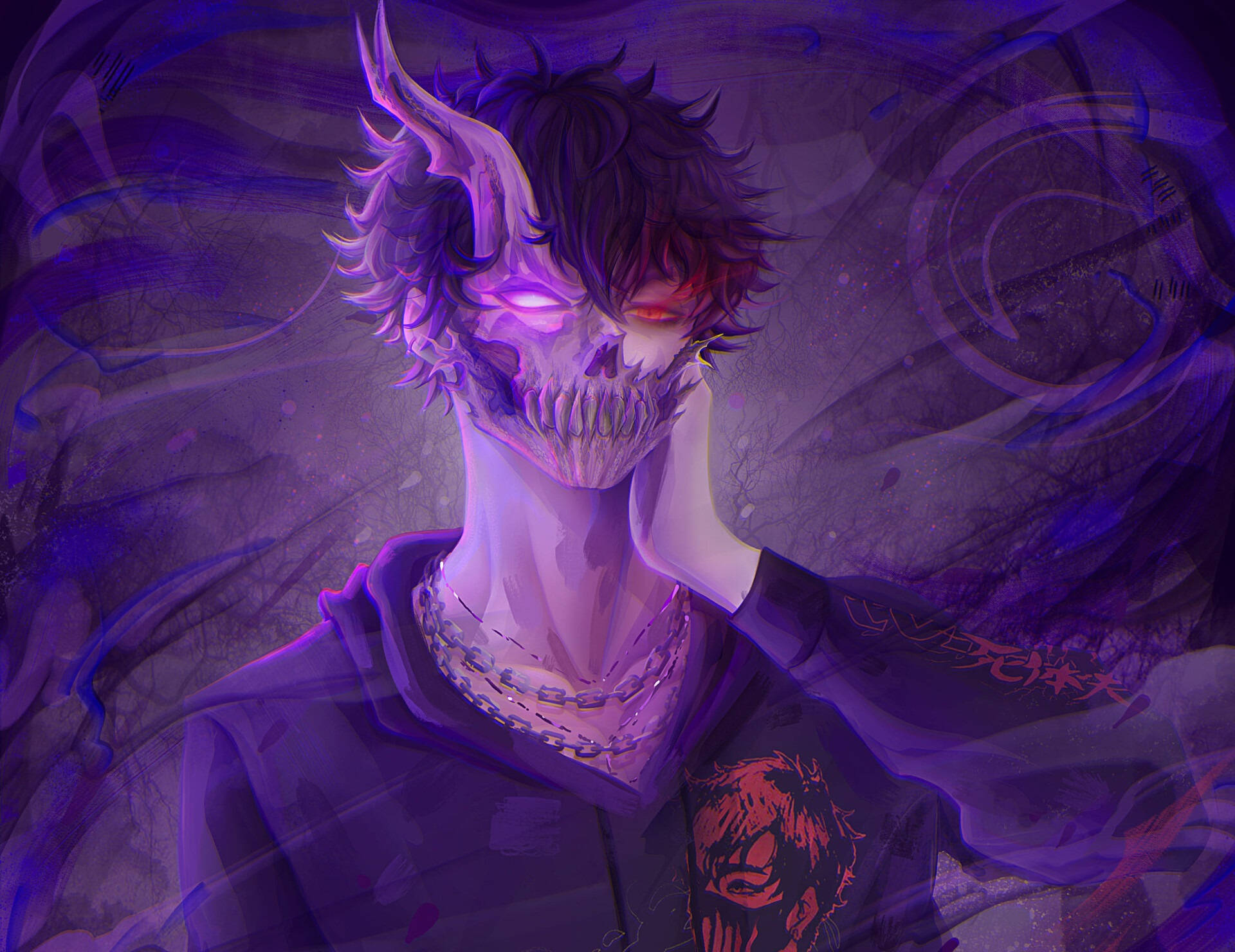 Corpse 桌布 壁紙 — 一個令人難忘的動漫角色，半邊骷髏臉和發光的眼睛，穿著連帽衫，背景是旋轉的紫色漩渦。