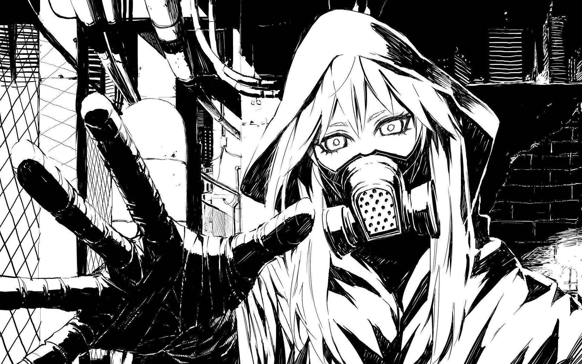 Black And White Anime 桌布 壁紙 — 一個令人難忘的動漫角色，戴著防毒面具和兜帽，在骯髒的城市小巷中向觀眾伸出一隻戴著手套的手。