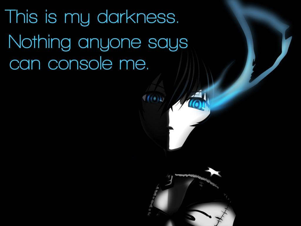Sad Quotes 桌布 壁紙 — 一個令人難忘的動漫角色，擁有發光的藍色眼睛和鬼魅般的藍色光環，背景為黑色並帶有文字。