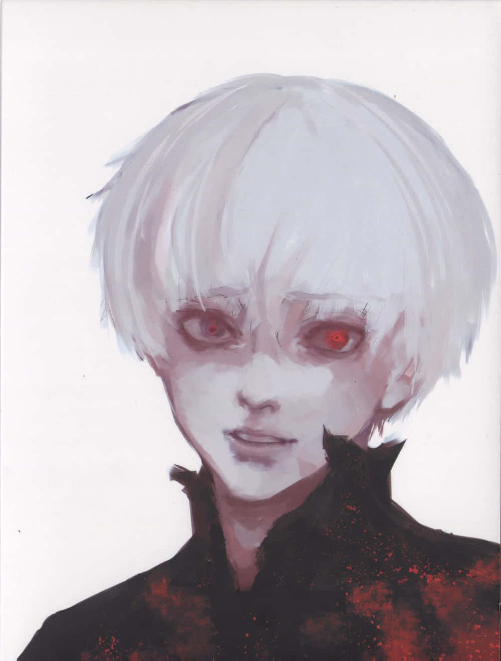 Sui Ishida 桌布 壁紙 — 一個令人難忘的動畫肖像，描繪一位白髮紅眼、身穿帶有紅色飛濺痕跡的深色外套的人物。