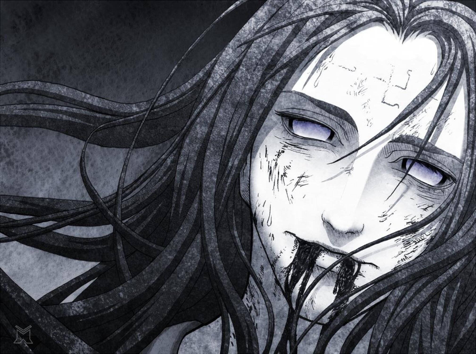 Neji 桌布 壁紙 — 一個令人難忘的動畫肖像，描繪一個蒼白的人物，長長的黑髮和發光的眼睛，佈滿血跡和傷疤。