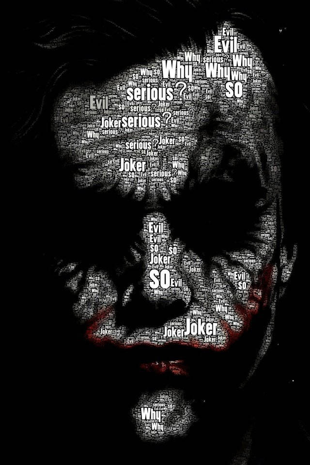 Black And White Joker 桌布 壁紙 — 一個令人難忘的小丑文字藝術肖像，由重複的短語如「Why so serious?」和「Evil」組成，在黑色背景上呈現鮮明的白色。