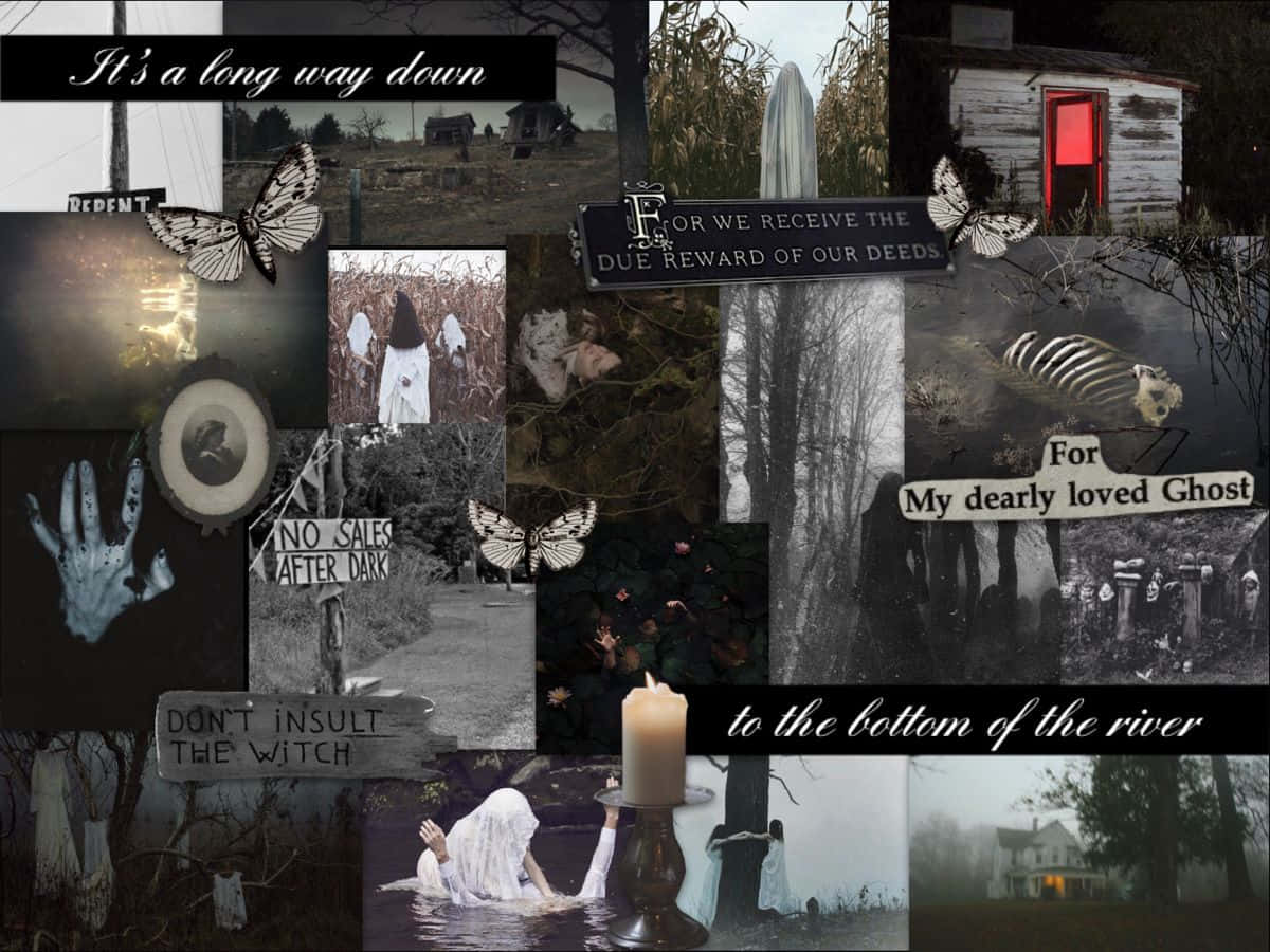 Gothic Aesthetic 桌布 壁紙 — 一個令人難忘的拼貼畫，包含鬼影、紅門、蠟燭和哥德式氛圍中的神秘文字。