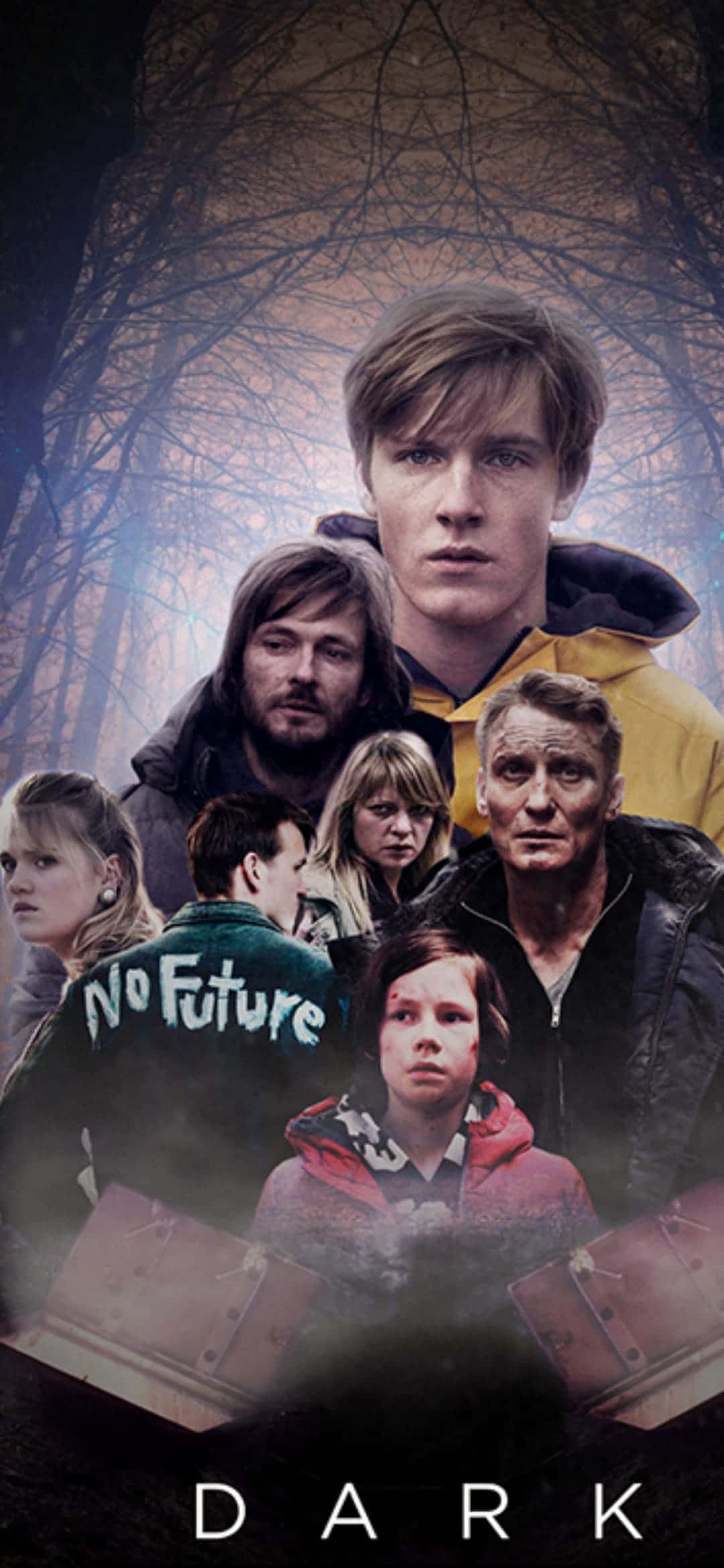 Dark Netflix 桌布 壁紙 — 一個令人難忘的拼貼畫，描繪了七個表情陰鬱的角色，背景是陰沉天空下霧氣瀰漫的裸露森林。