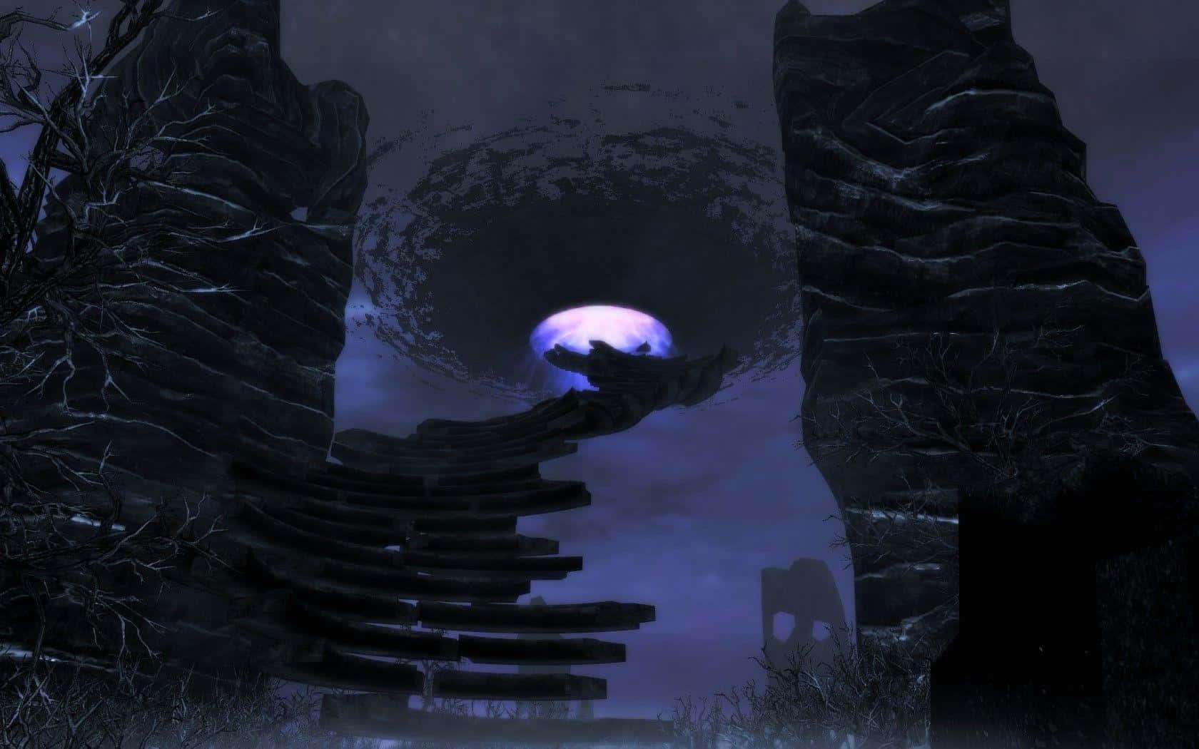 Skyrim Dawnguard 桌布 壁紙 — 一個令人難忘的數位場景，在暴風雨黃昏的天空下，一個發光的紫色球體被鋸齒狀的黑暗岩石形成所框住。