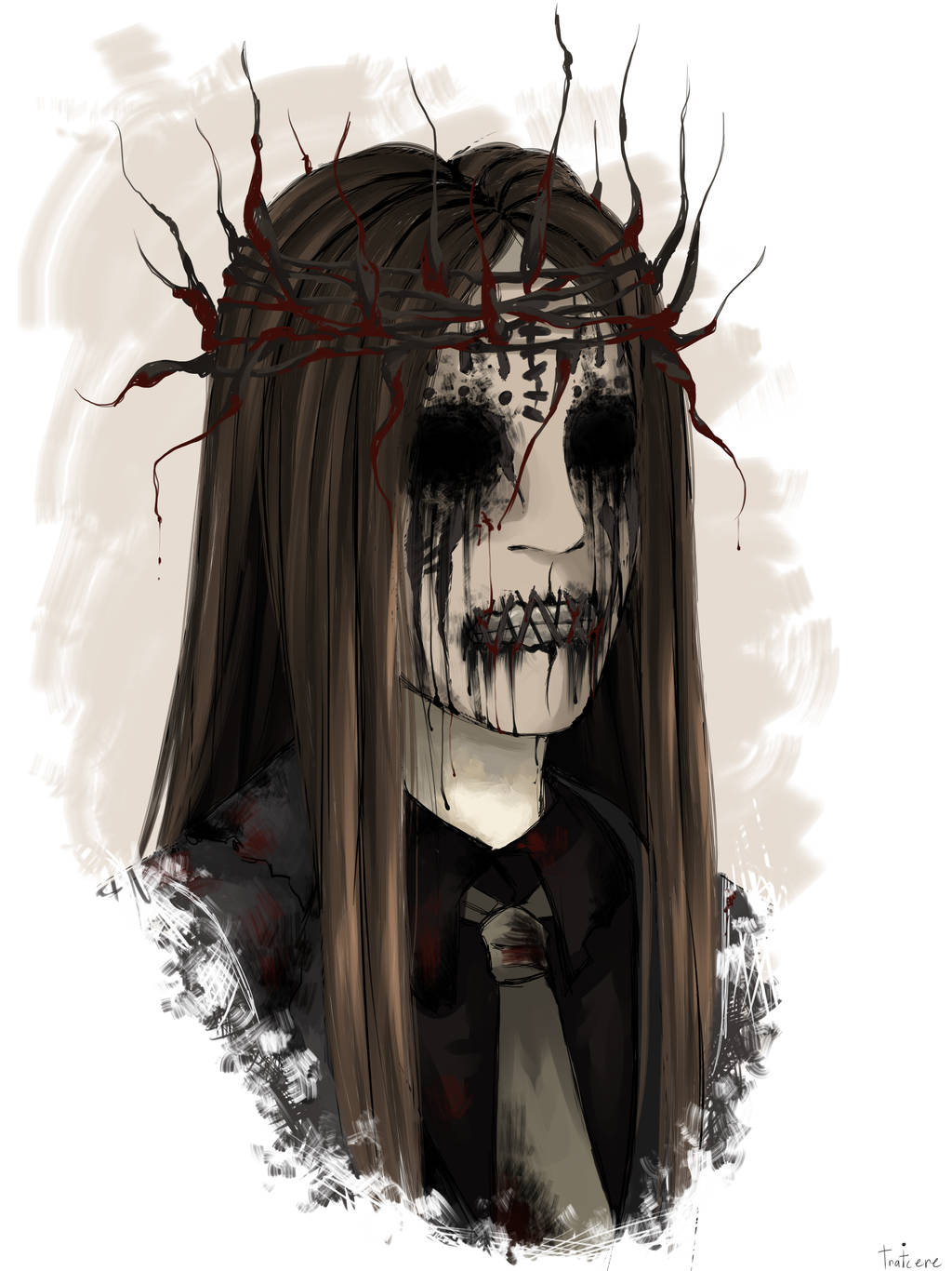 Joey Jordison 桌布 壁紙 — 一個令人難忘的數位插圖，描繪一個長著黑色長髮、戴著血淋淋的荊棘冠冕、蒼白的臉上有黑色眼睛和滴著血的牙齒的人物。