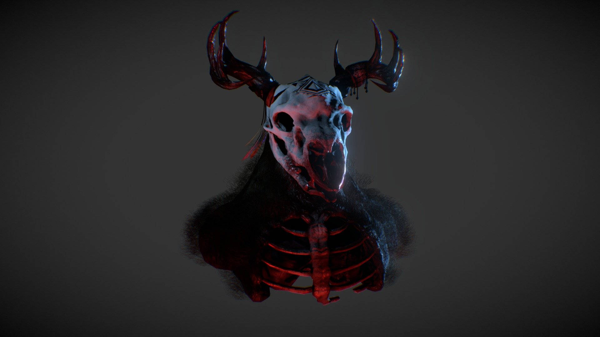 Wendigo 桌布 壁紙 — 一個令人難忘的數位渲染，呈現一個骷髏鹿頭，帶有發光的紅色鹿角和肋骨，背景為深灰色。