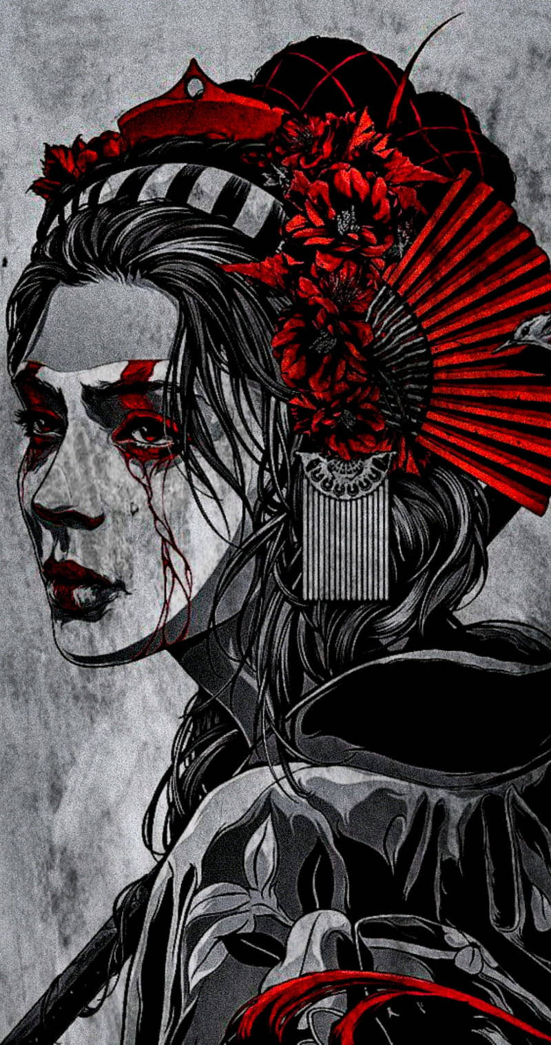 Geisha 桌布 壁紙 — 一個令人難忘的數位肖像，一位女性臉上帶有紅色花卉裝飾和血狀條紋，背景是粗糙的灰色。