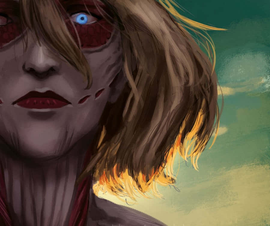 Female Titan 桌布 壁紙 — 一個令人難忘的數位肖像，一位女性擁有一隻發光的藍色眼睛和紅色紋理皮膚，背景是青綠色和黃色的天空。