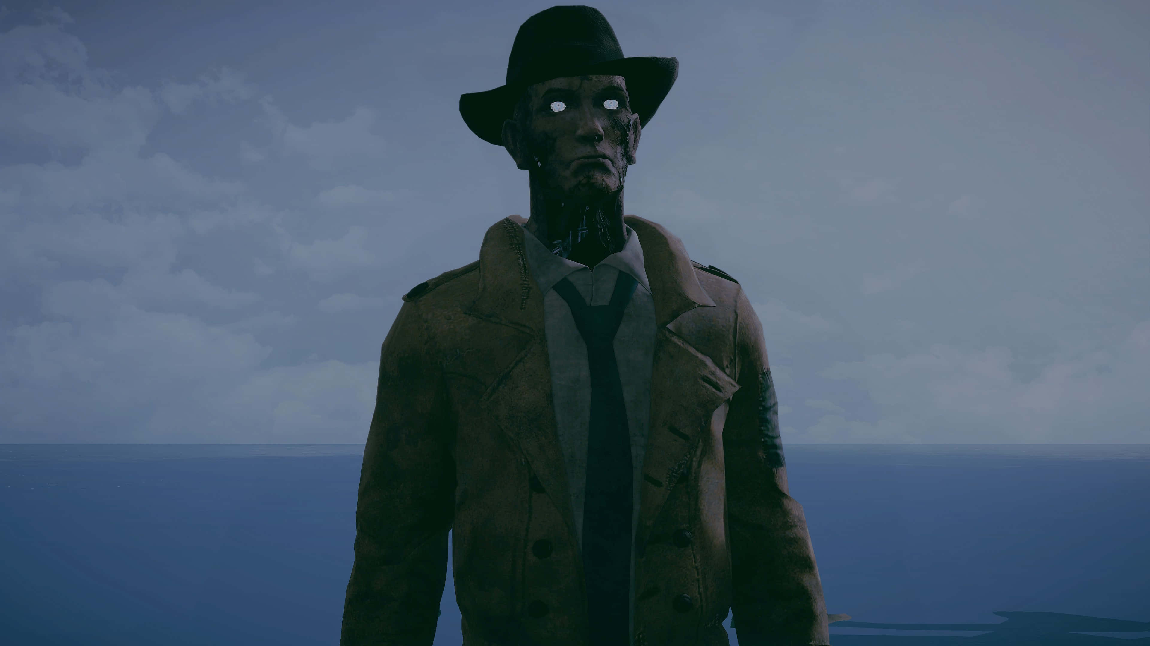 Nick Valentine 桌布 壁紙 — 一個令人難忘的數位肖像，一個戴著費多拉帽和穿著風衣的男人站在多雲天空下的廣闊海洋前。
