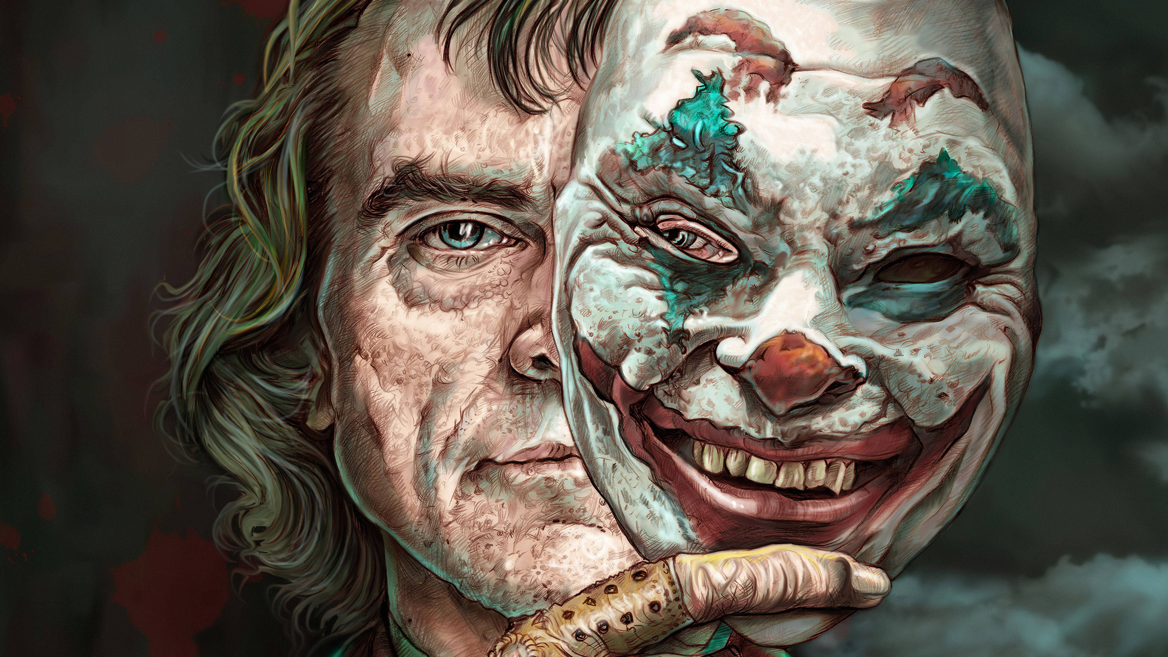 Face 桌布 壁紙 — 一個令人難忘的數位肖像，一個男人拿著一個腐爛的小丑面具貼在臉上，背景是風暴般的灰色。