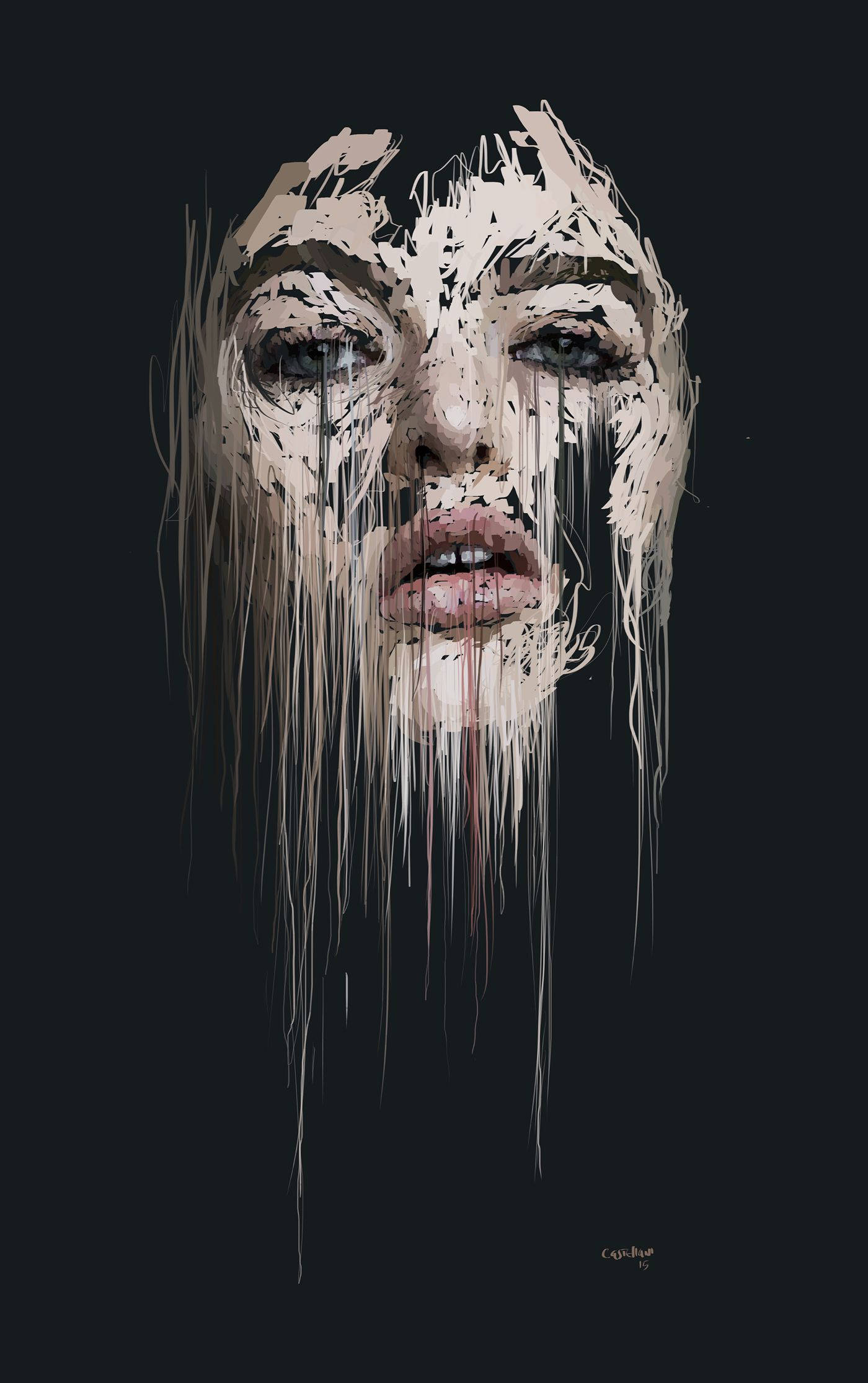 Black Drippy 桌布 壁紙 — 一個令人難忘的數位肖像，女人的臉在黑色背景上溶解成米色和灰色的條紋。