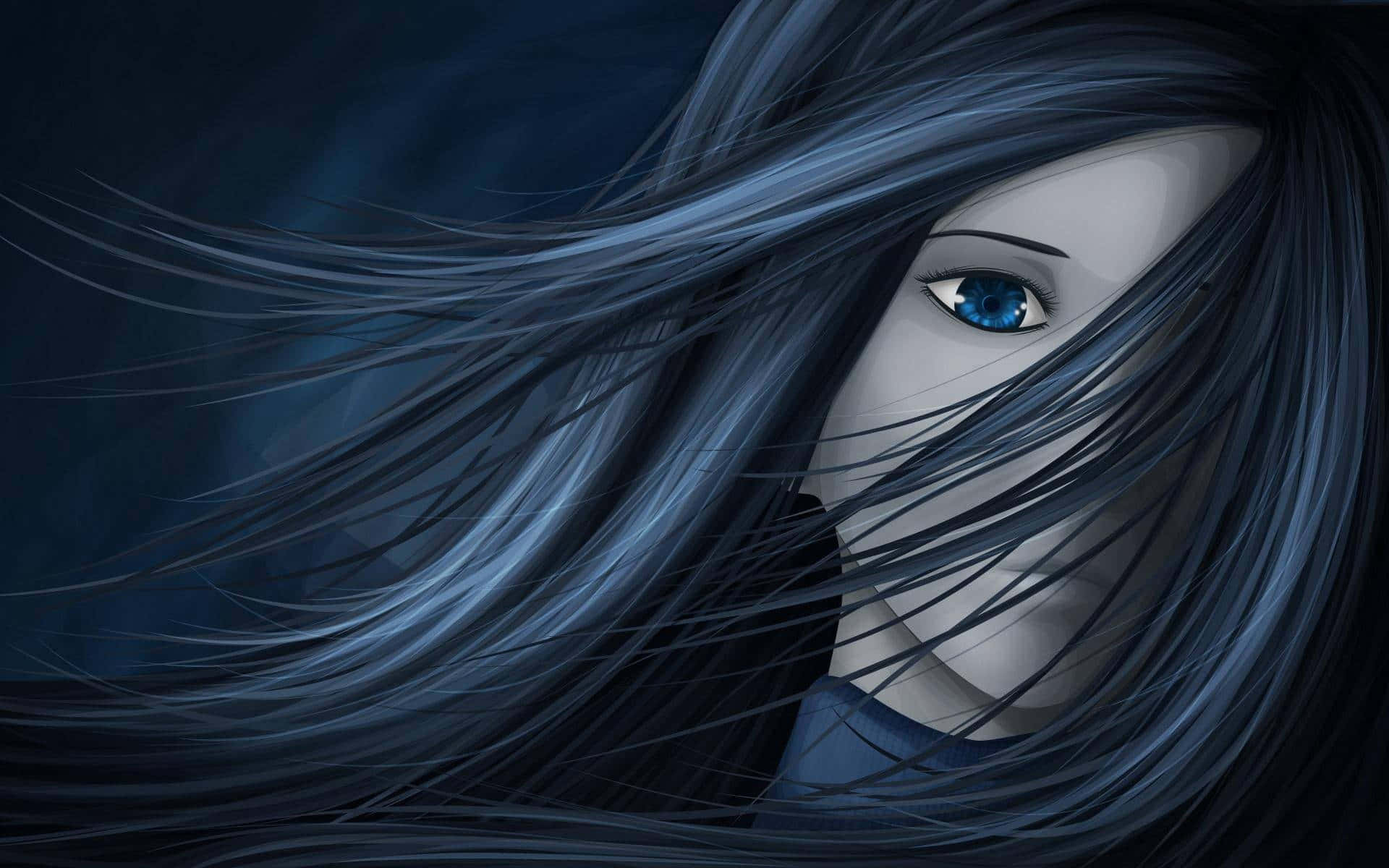 Beautiful Sad Anime 桌布 壁紙 — 一個令人難忘的數位肖像，女人的臉部分被飄逸的深藍色頭髮遮蓋，露出一隻明亮的藍色眼睛。