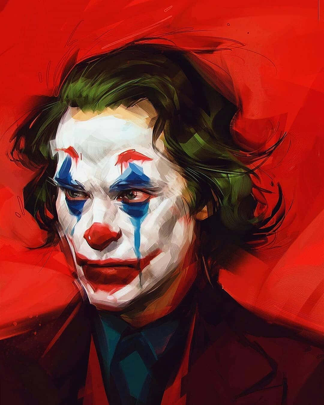 Joker Painting 桌布 壁紙 — 一個令人難忘的數位肖像，小丑在鮮紅色背景上塗抹了化妝品。