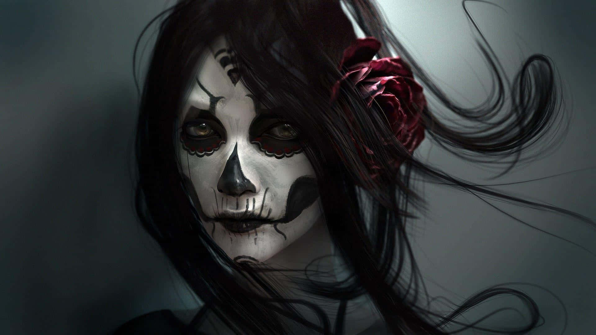 Day Of The Dead 桌布 壁紙 — 一個令人難忘的數位肖像，描繪一位女性，臉上畫著骷髏妝，深色頭髮中插著一朵紅玫瑰，背景是柔和的灰色。