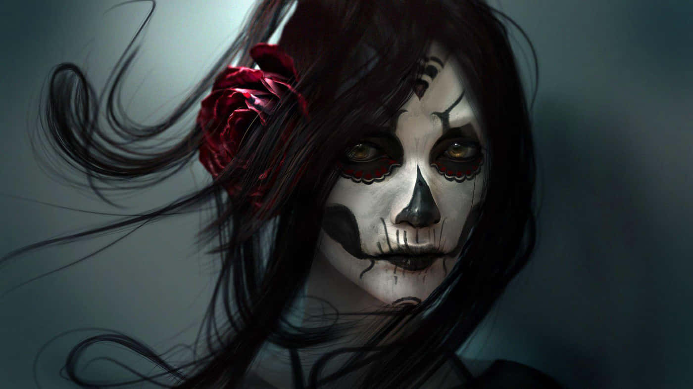 Halloween Face Paint 桌布 壁紙 — 一個令人難忘的數位肖像，描繪一位化著糖骷髏妝、深色頭髮上插著紅玫瑰的女性，背景為柔和的灰色。