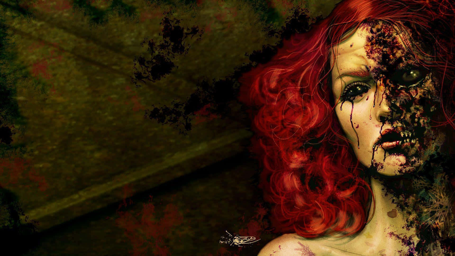 macabre 桌布 壁紙 — 一個令人難忘的數位肖像，描繪一位擁有鮮豔紅髮的女性，頭髮半腐爛且血跡斑斑，背景為深綠色紋理。