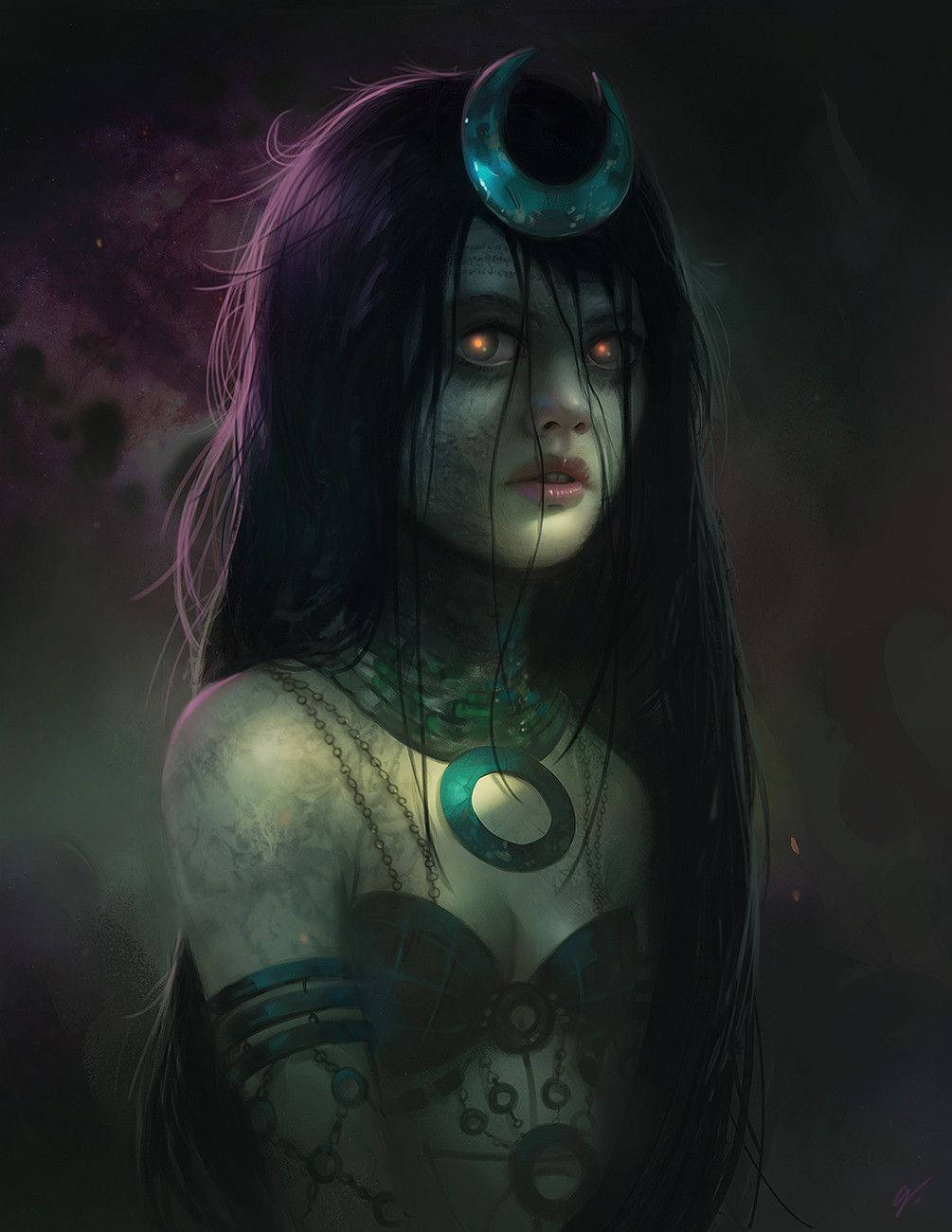 Enchantress 桌布 壁紙 — 一個令人難忘的數位肖像，描繪一位蒼白的女性，擁有發光的紅色眼睛和彎月頭飾，背景是黑暗的宇宙。