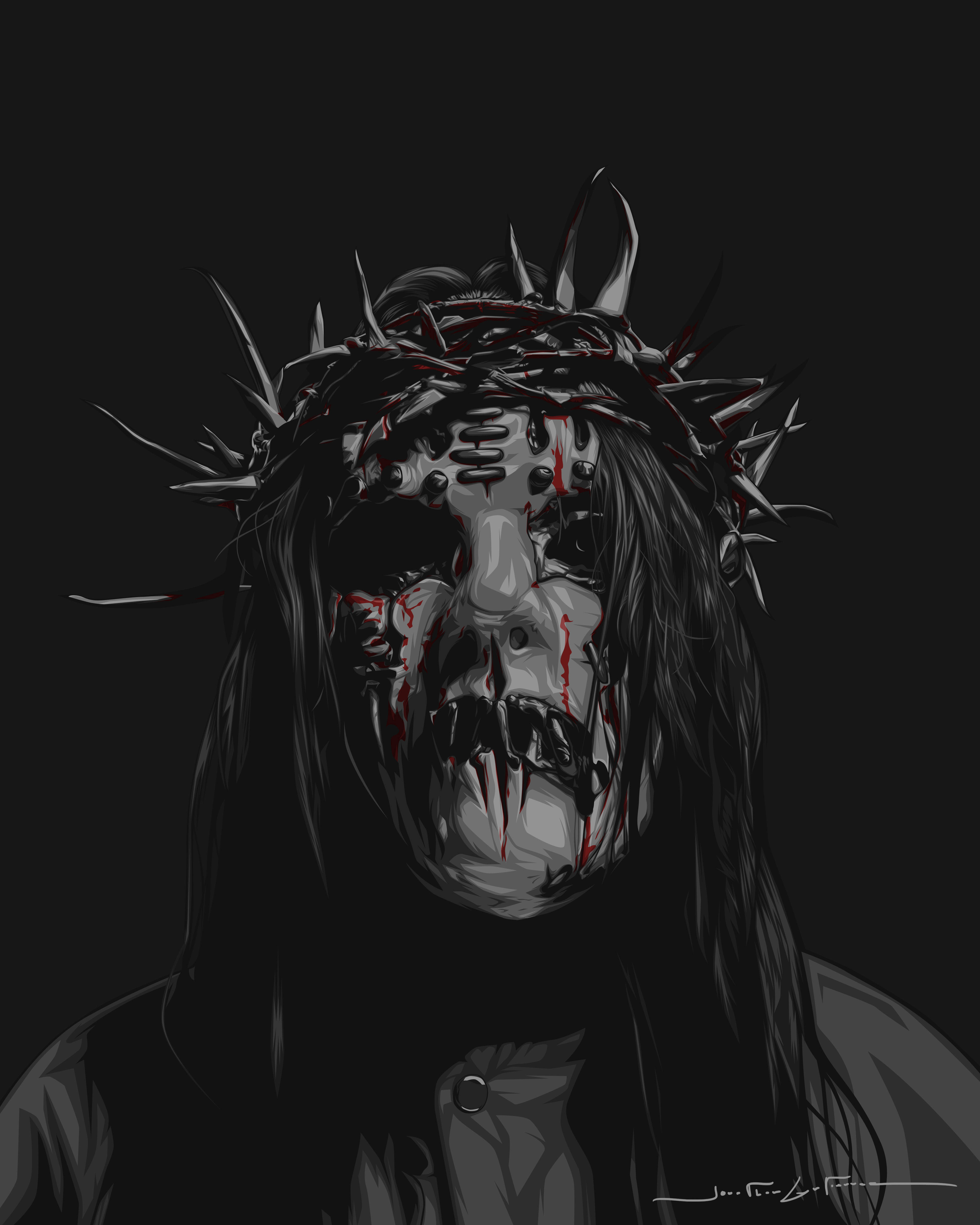 Joey Jordison 桌布 壁紙 — 一個令人難忘的數位肖像，描繪一位戴著皇冠、滿臉鮮血、長著黑色長髮的人物，背景為黑色。