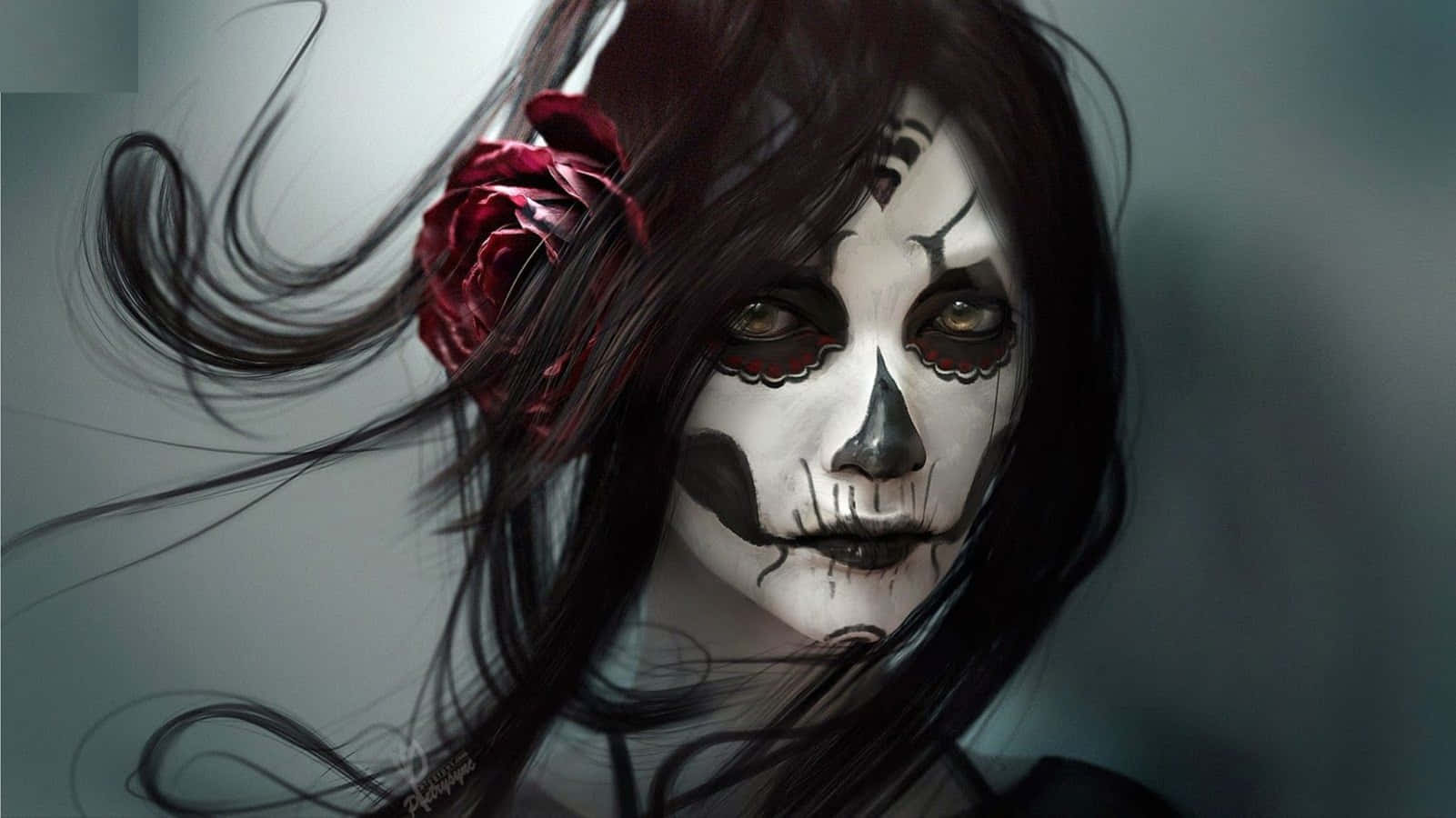 Day Of The Dead 桌布 壁紙 — 一個令人難忘的數位肖像，描繪一位女性，臉上畫著糖骷髏妝，深色頭髮中插著一朵紅玫瑰，背景是柔和的灰色。