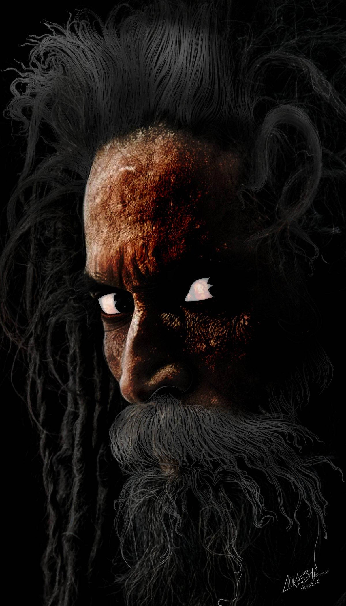 Aghori 桌布 壁紙 — 一個令人難忘的數位肖像，描繪一位鬍鬚男子，眼睛發光，皮膚有紋理，背景為黑色。
