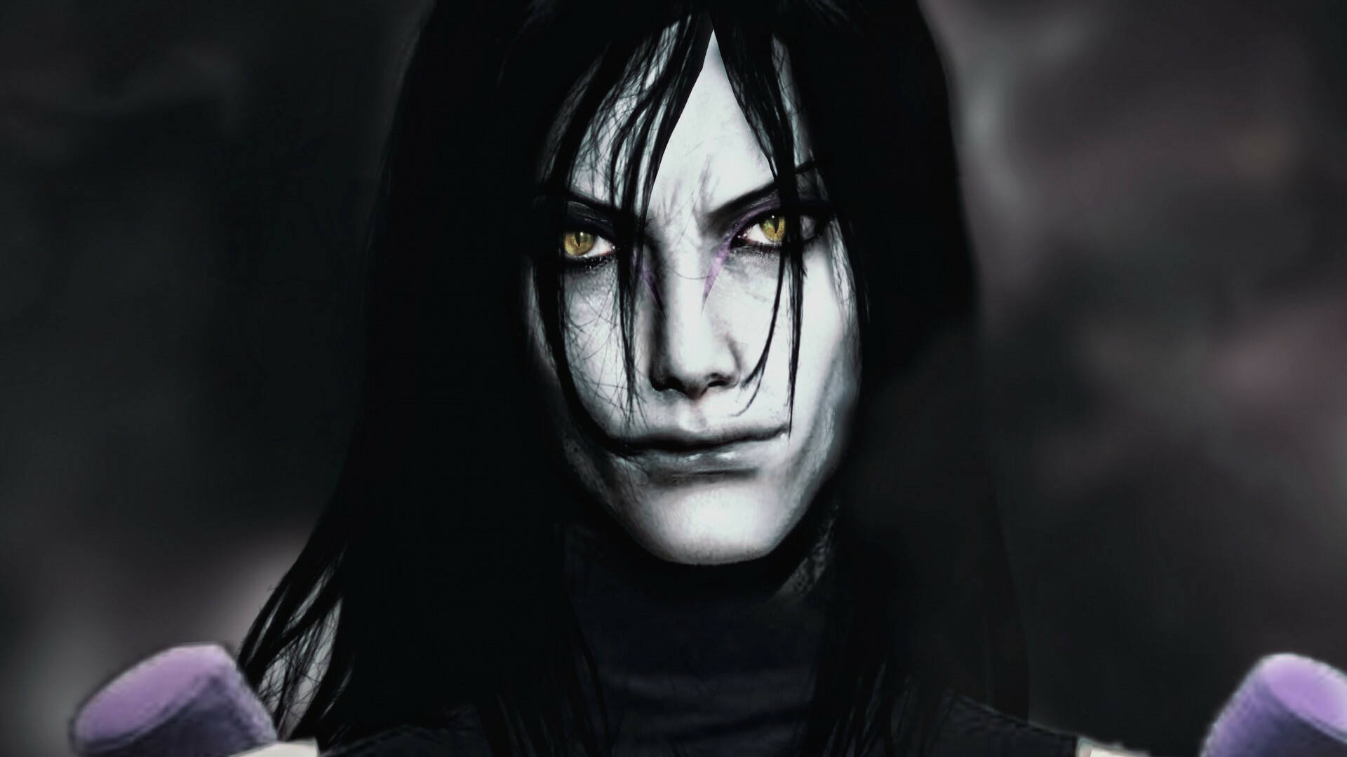 Orochimaru 桌布 壁紙 — 一個令人難忘的數位肖像，描繪一個蒼白面孔的角色，擁有發光的黃色眼睛和深色頭髮，背景是煙霧般的灰色。