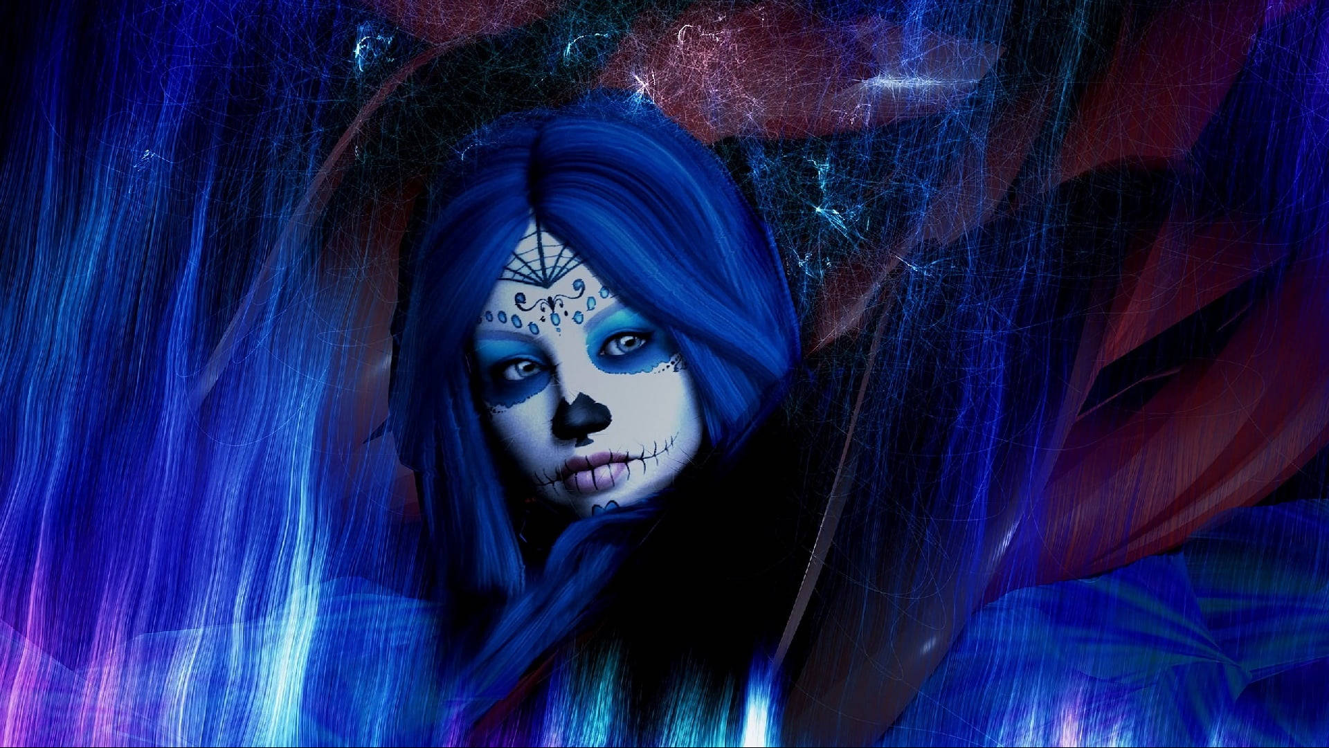 Goth 桌布 壁紙 — 一個令人難忘的數位肖像，藍髮女子帶著糖骷髏妝容，在宇宙藍色和紅色星雲背景下發光。