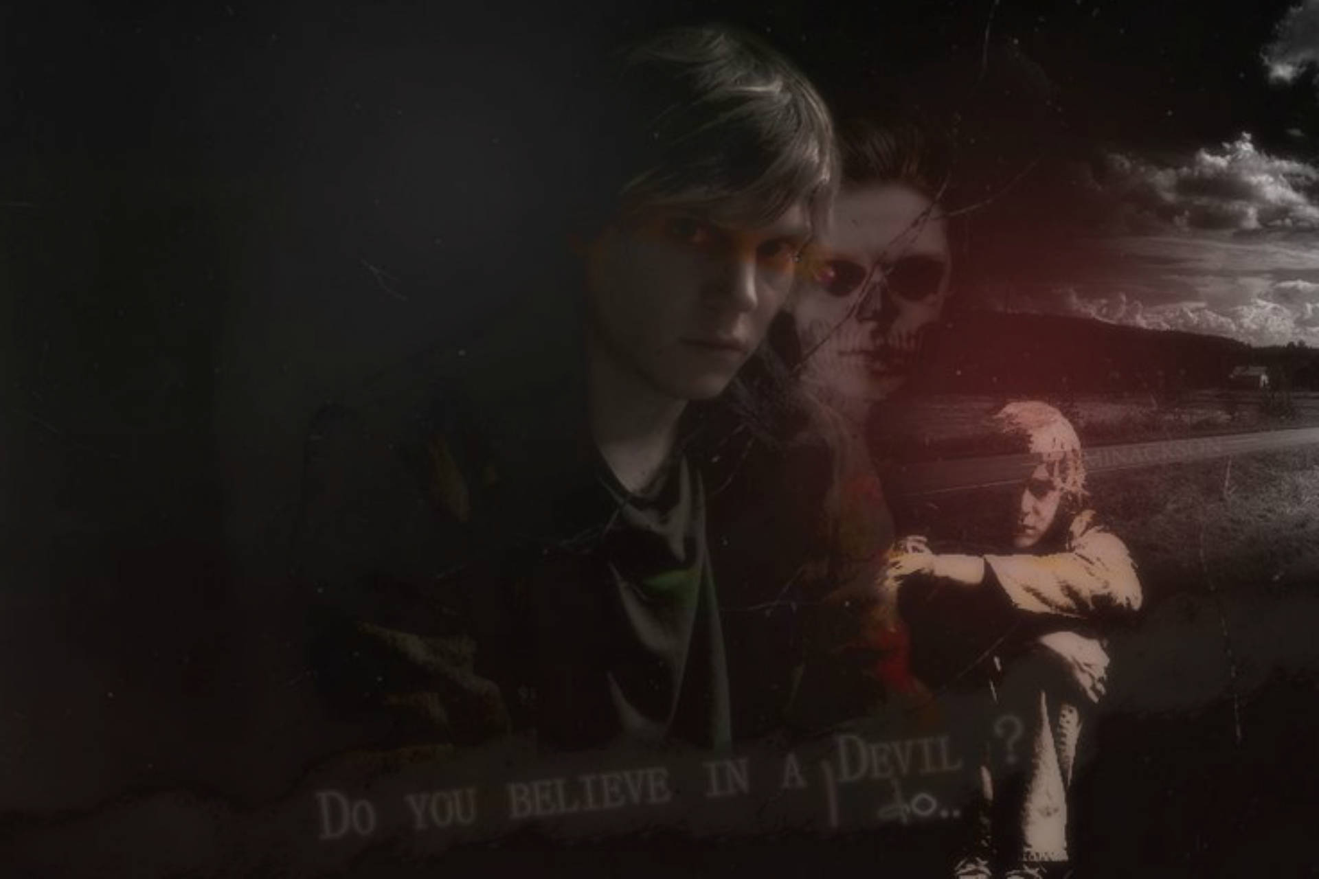 Tate Langdon 桌布 壁紙 — 一個令人難忘的數位藝術作品，描繪一個年輕男子發光的眼睛、一個幽靈般的頭骨和一個蹲著的孩子，背景是暴風雨的天空，文字是「你相信有魔鬼嗎？」
