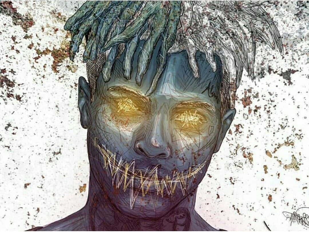 XXXTENTACION 桌布 壁紙 — 一個令人難忘的數位藝術肖像，描繪一個在雜亂白色背景上擁有發光黃色眼睛和鋸齒狀牙齒的人物。