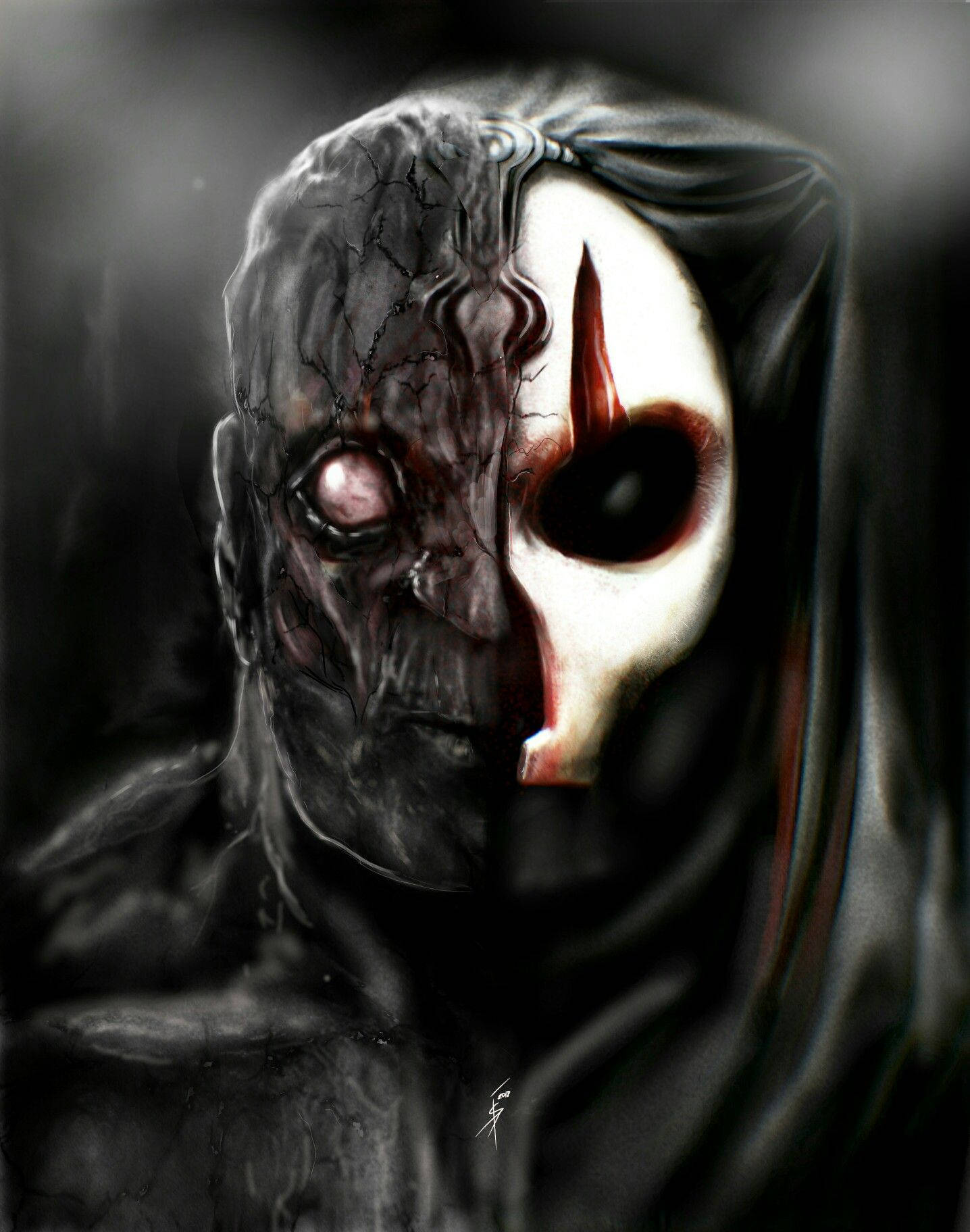 Darth Nihilus 桌布 壁紙 — 一個令人難忘的數位藝術肖像，描繪一個戴著兜帽的人物，臉部一分為二：一邊是腐爛的肉，另一邊是純白的面具，上面有一滴紅色的眼淚。