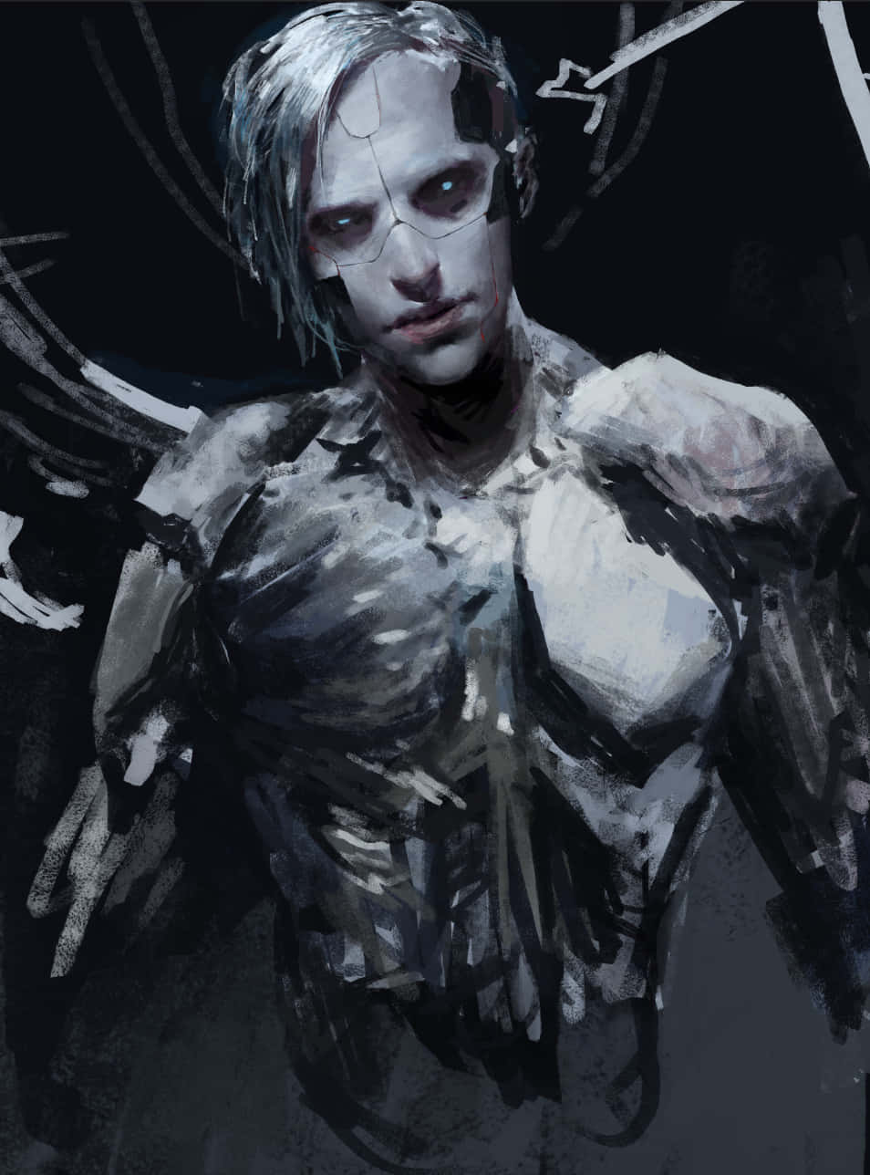 Hideo Kuze 桌布 壁紙 — 一個令人難忘的數位藝術肖像，描繪一個蒼白、有翼的人物，皮膚龜裂，眼睛發光，背景陰暗。
