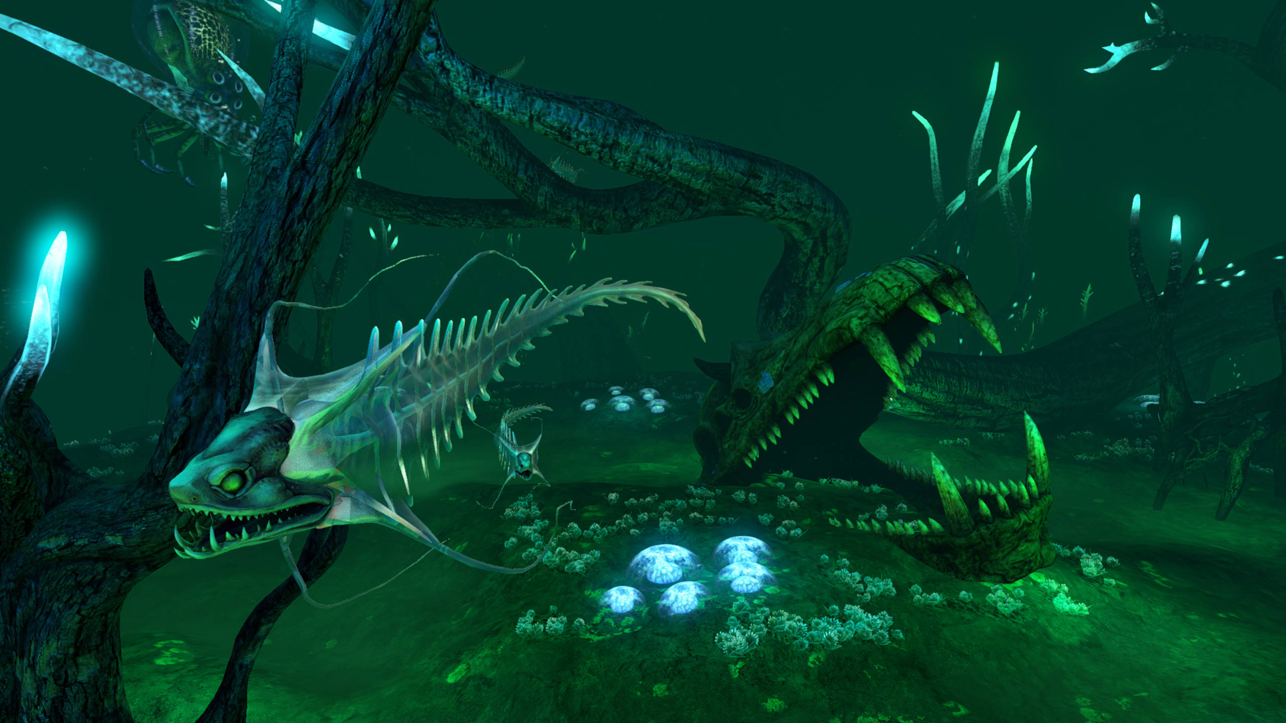 ghost leviathan 桌布 壁紙 — 一個令人難忘的水下場景，有發光的水母和骨骼魚，在扭曲的珊瑚和怪異的綠光之中。