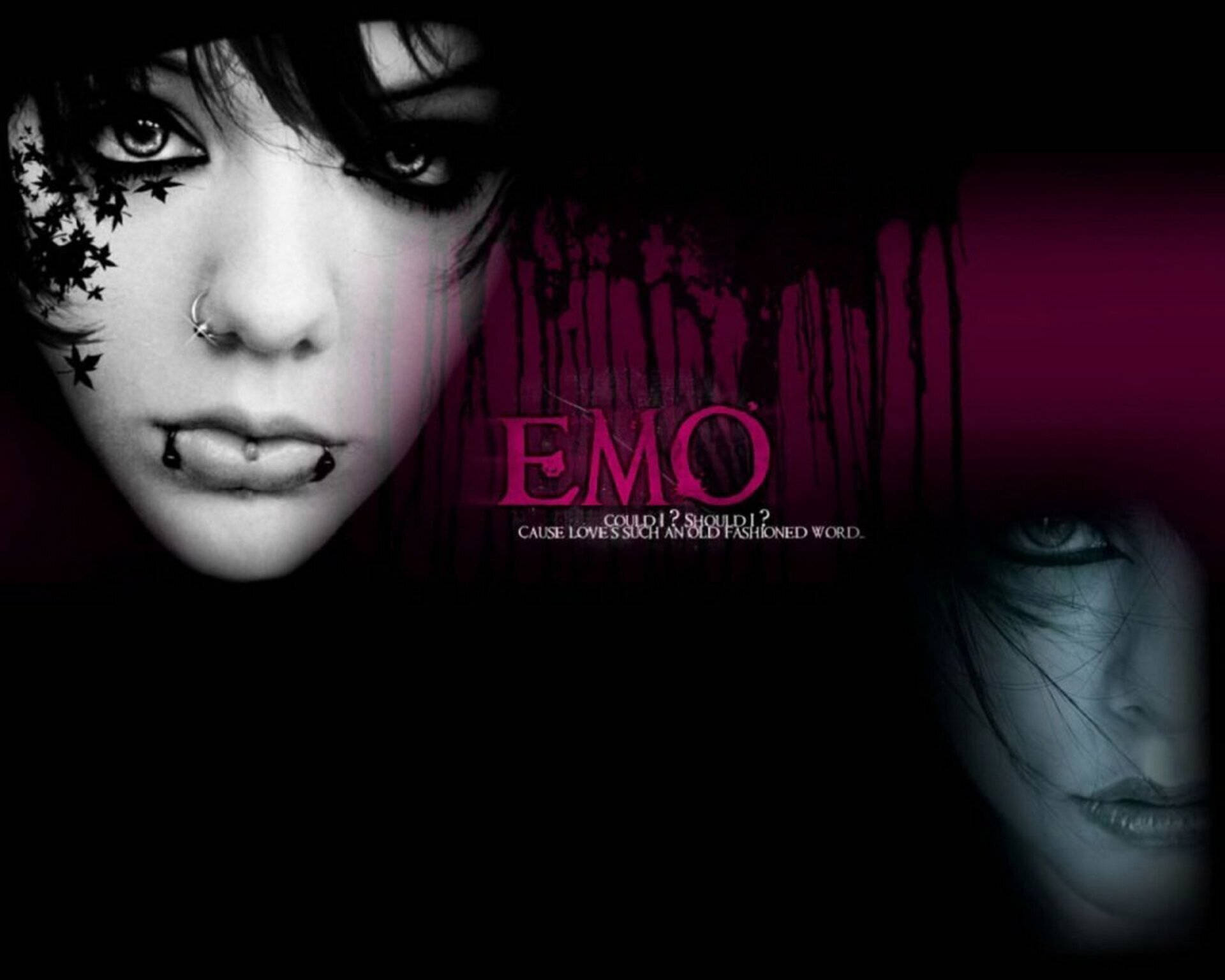 emo 桌布 壁紙 — 一個令人難忘的特寫鏡頭，年輕女子化著深色妝容，身上有星星刺青，背景是滴落的洋紅色，上面寫著EMO。
